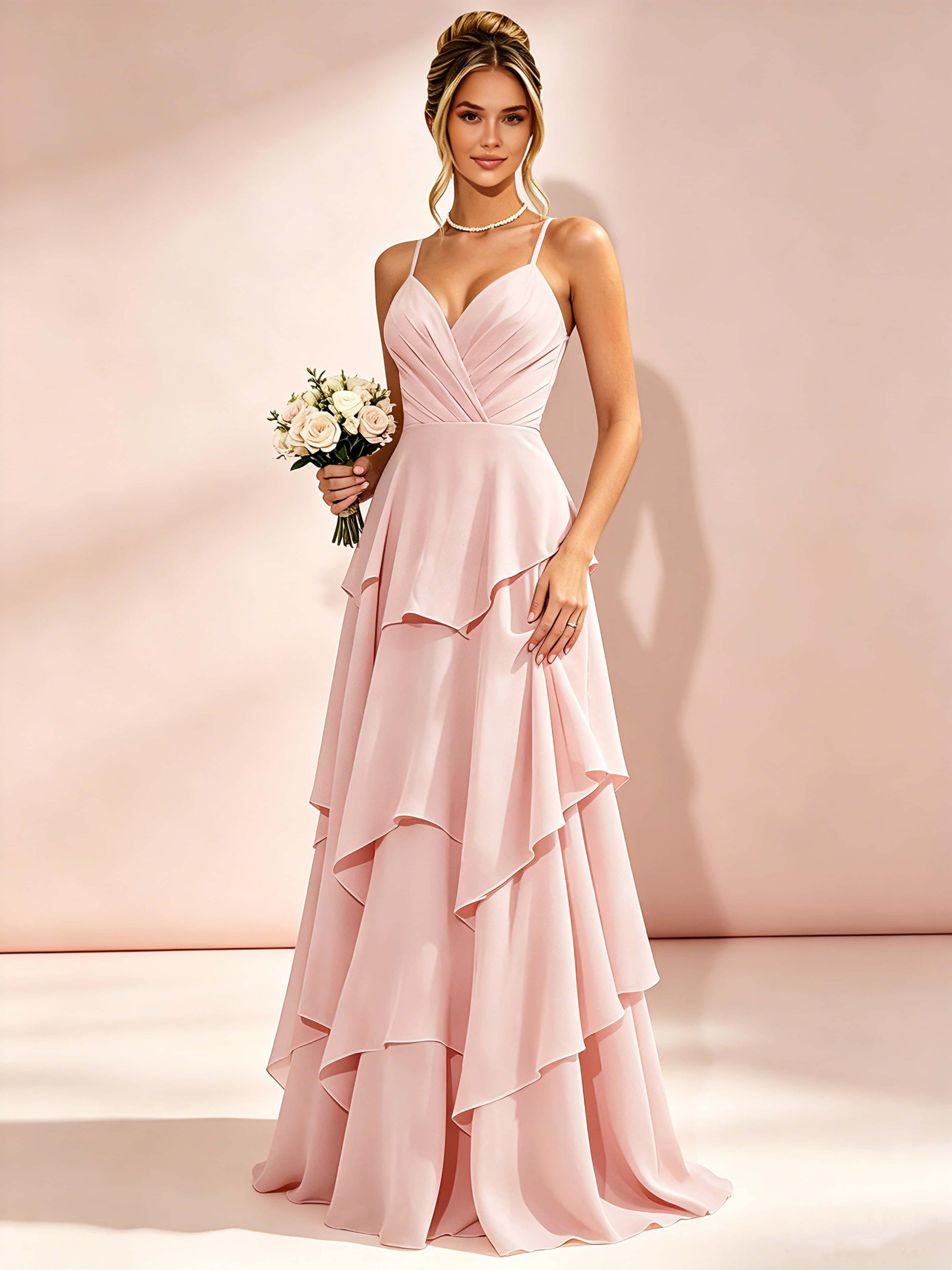 Spaghetti Straps Ruffle Tiered Chiffon Bridesmaid Dress for Wedding