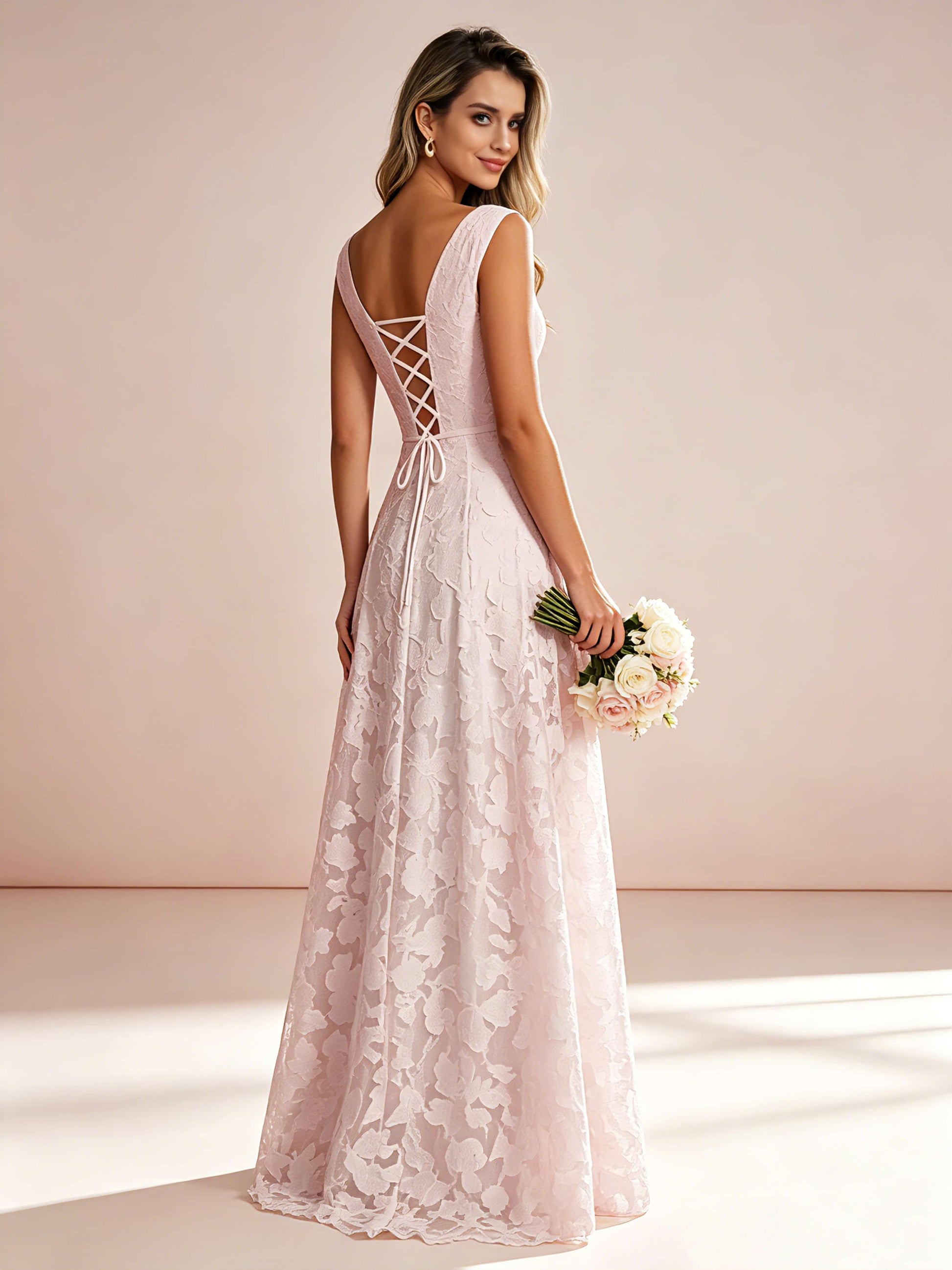 Boat Neck Jacquard Chiffon Floor Length Bridesmaid Dresses
