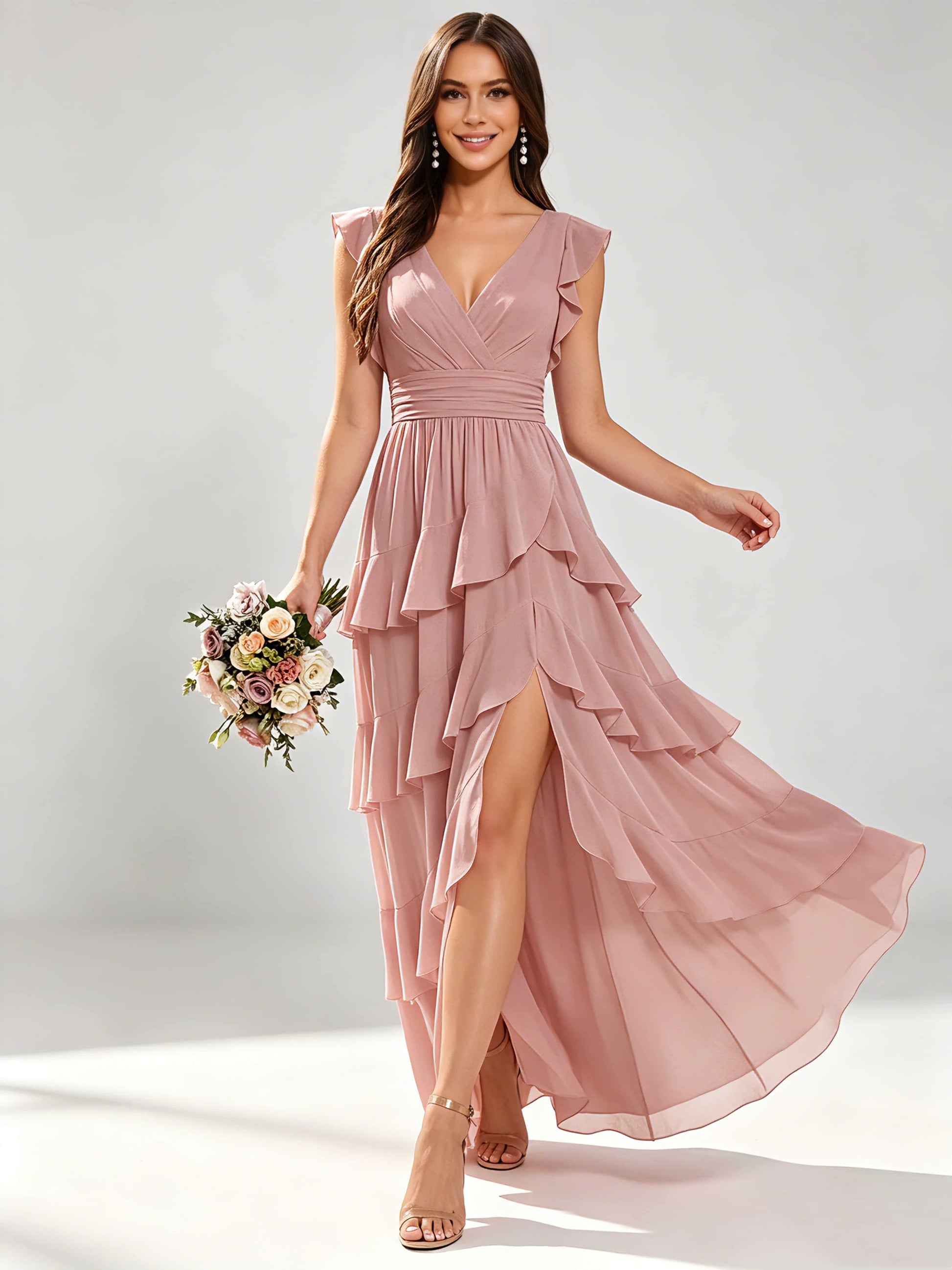 Ruffle Sleeve Tiered Chiffon Bridesmaid Dresses for Wedding with Slit