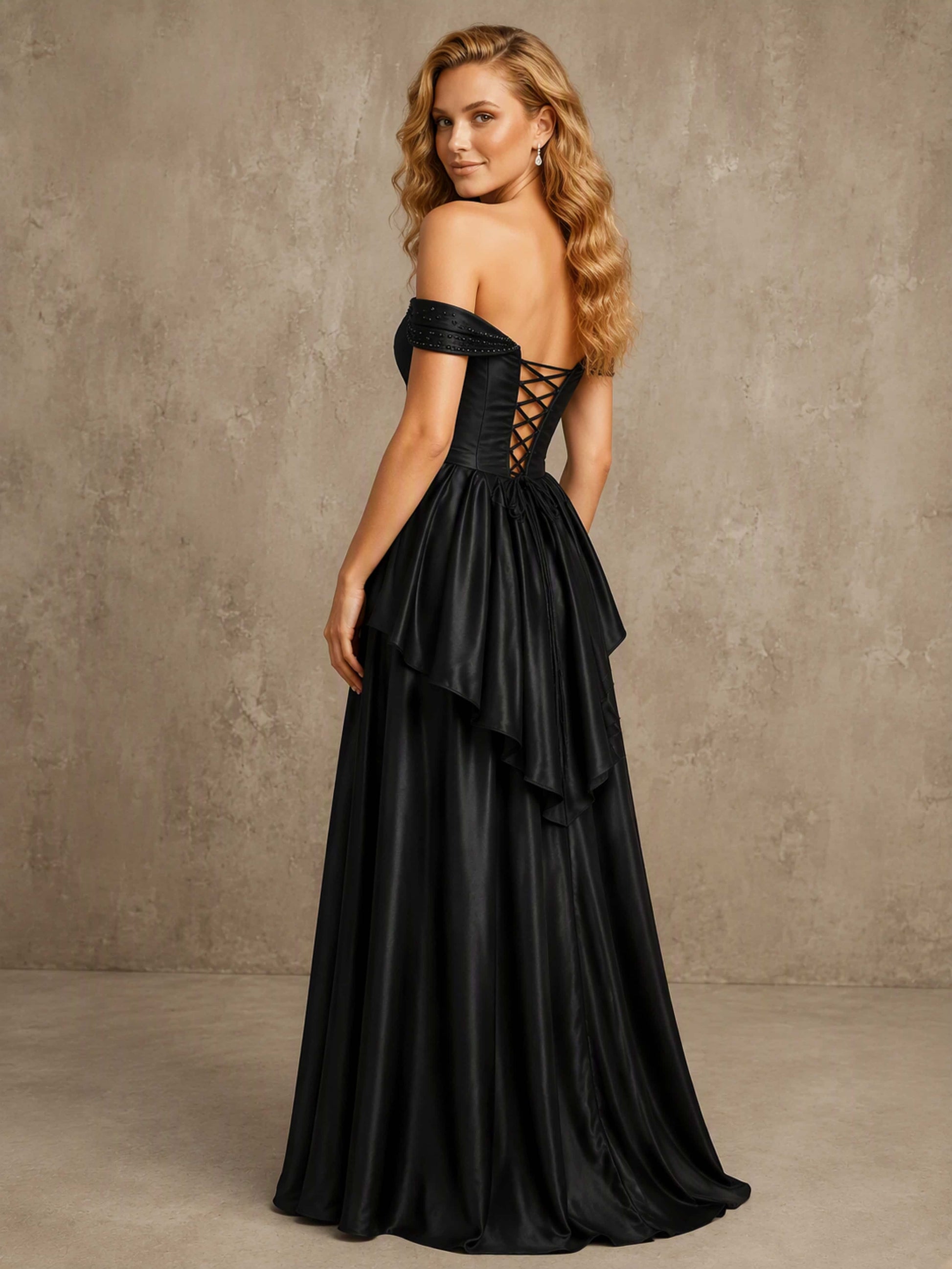 Off The Shoulder Satin Tiered Formal Evening Dress for Women