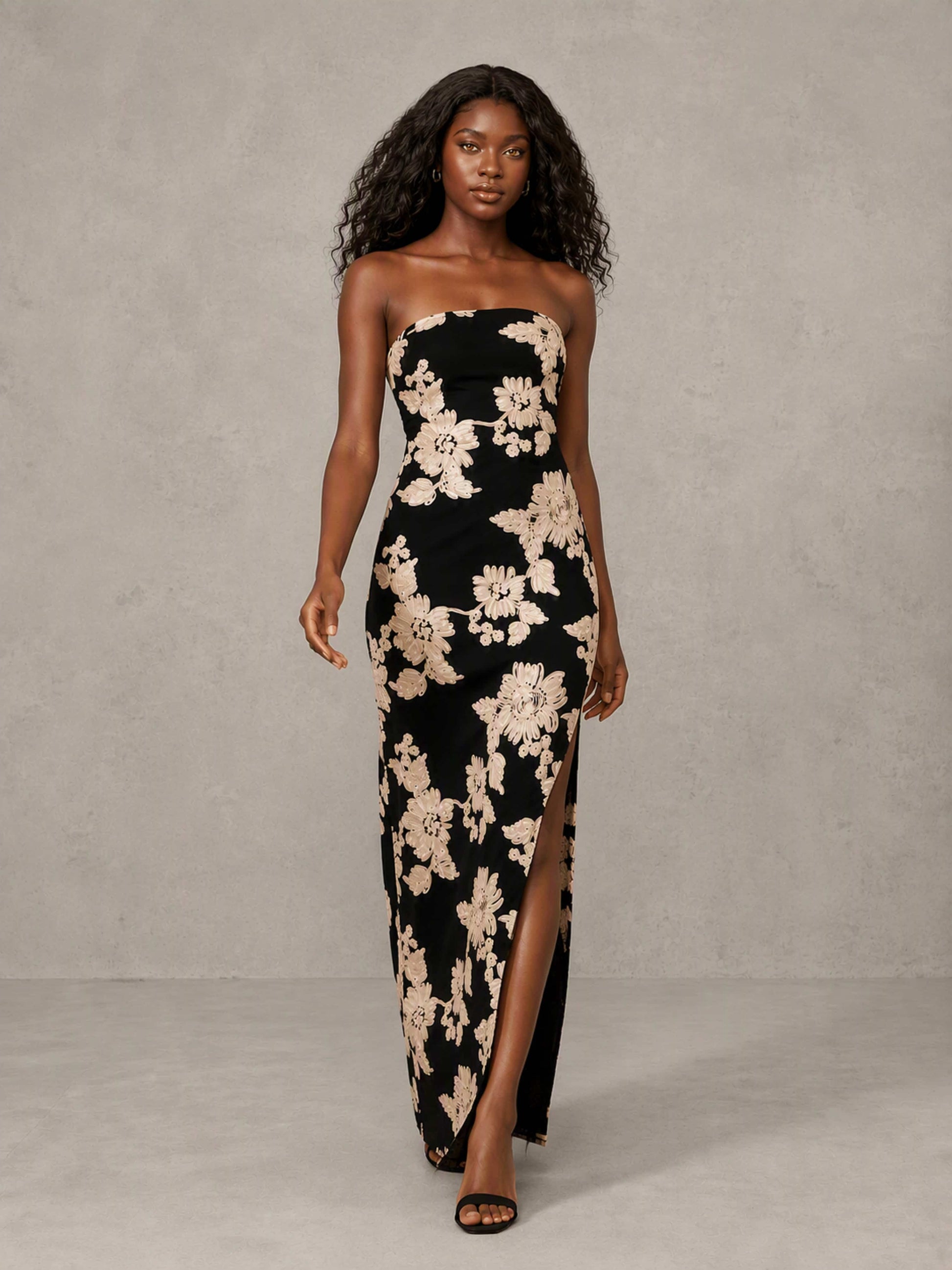 Embroidery Mesh Tube Strapless Long Formal Dress