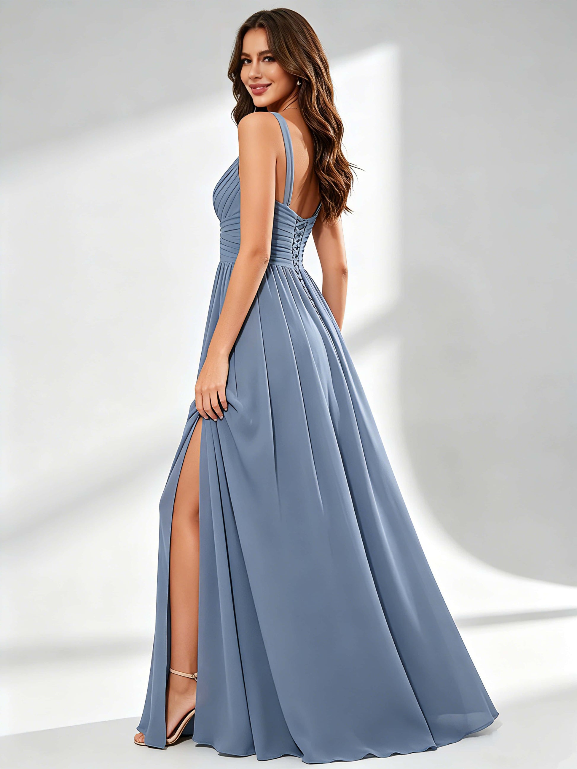Spaghetti Straps Chiffon Ruched Bust Pleated Bridesmaid Dress for Wedding