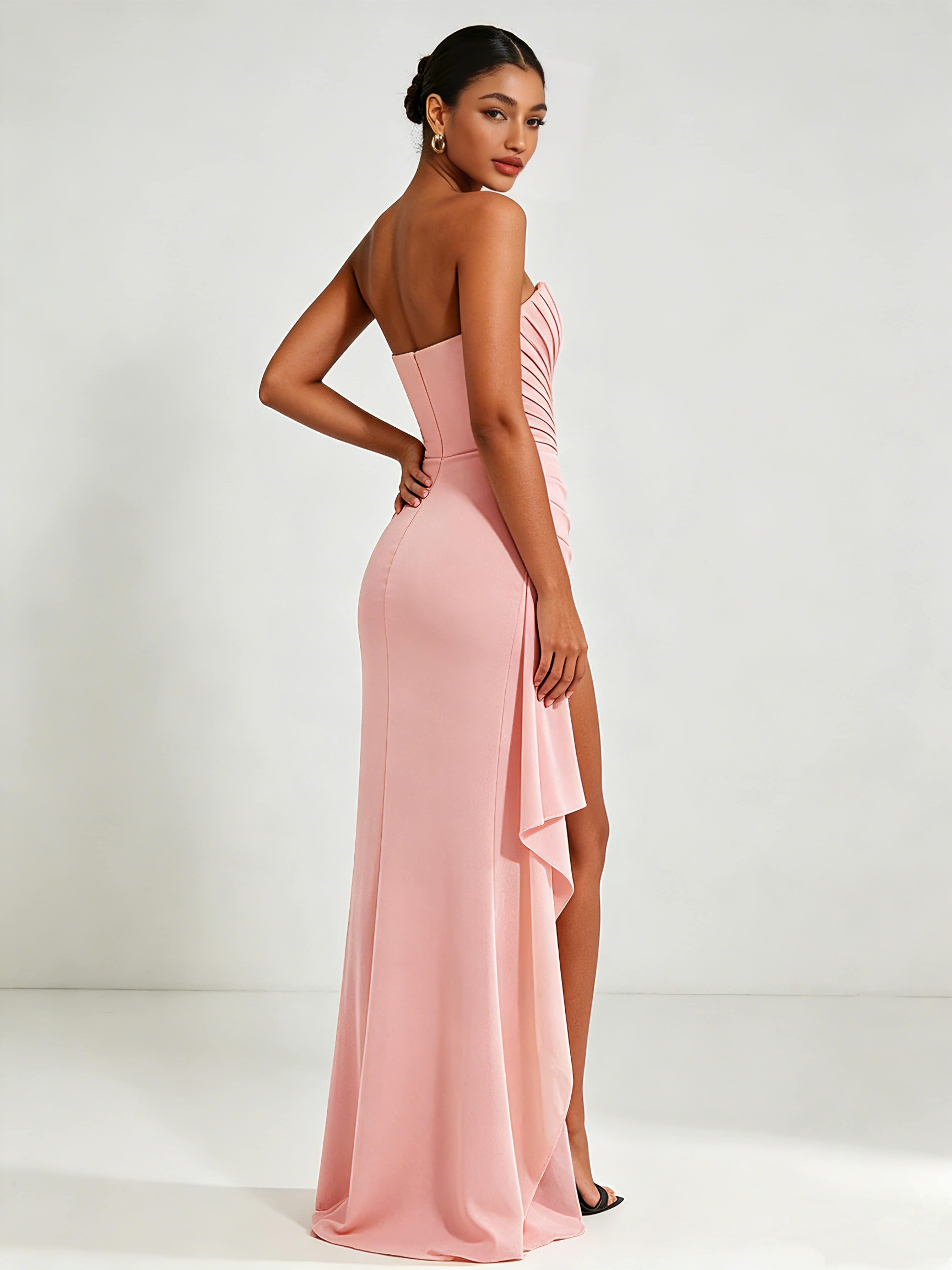 Strapless Ruched Bust Prom Dresses with Ruffle Slit
