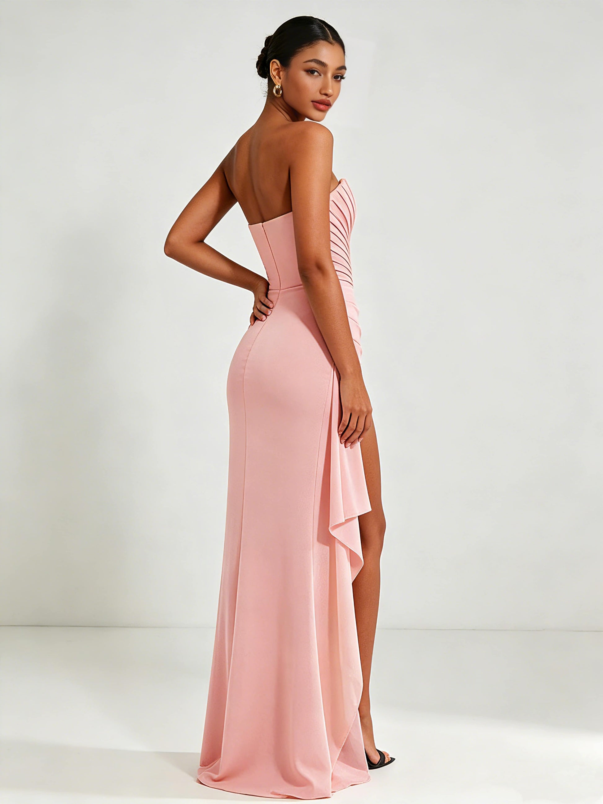 Strapless Ruched Bust Prom Dresses with Ruffle Slit