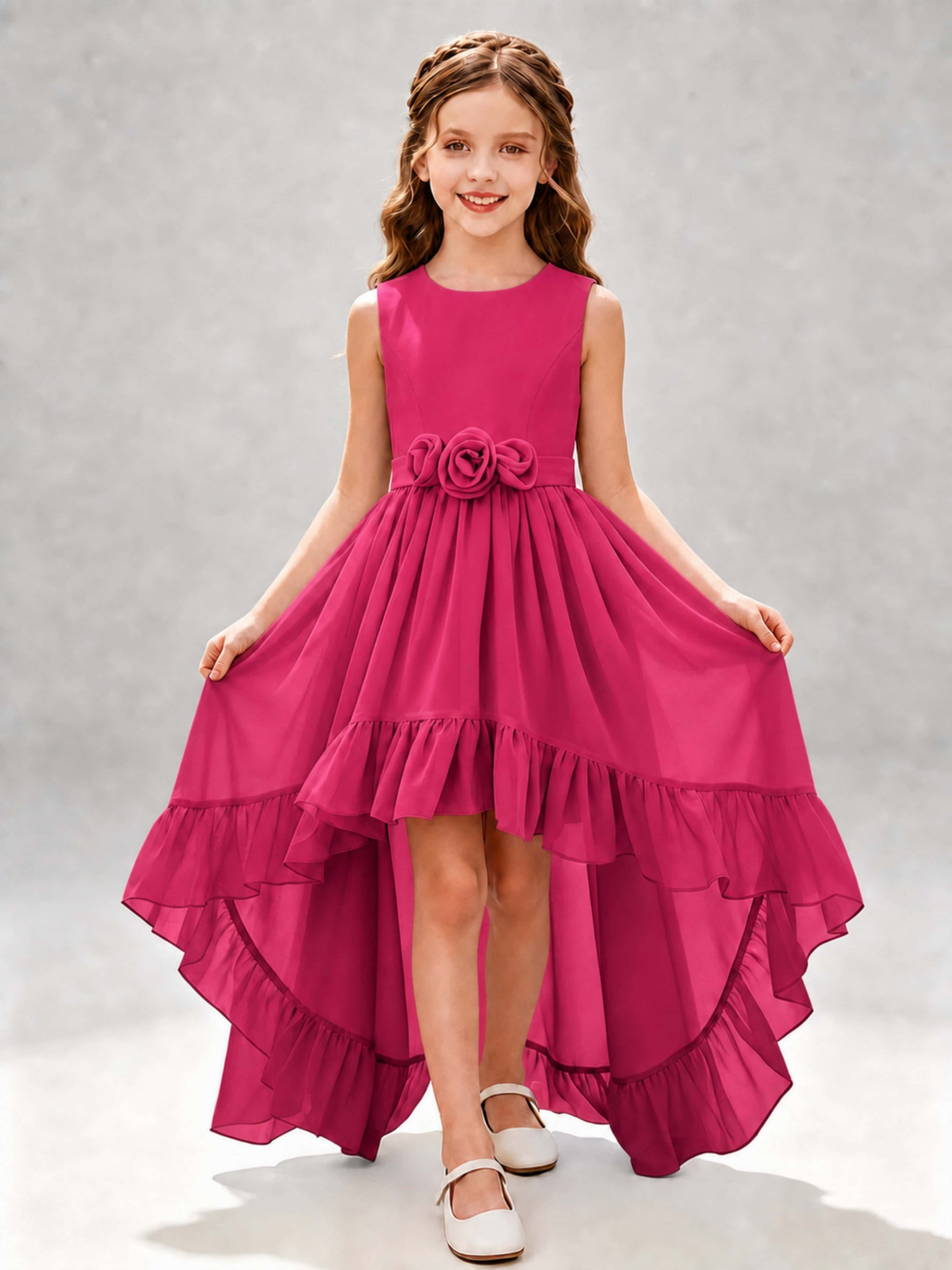 Chiffon 3D Flower High Low Junior Bridesmaid Dresses