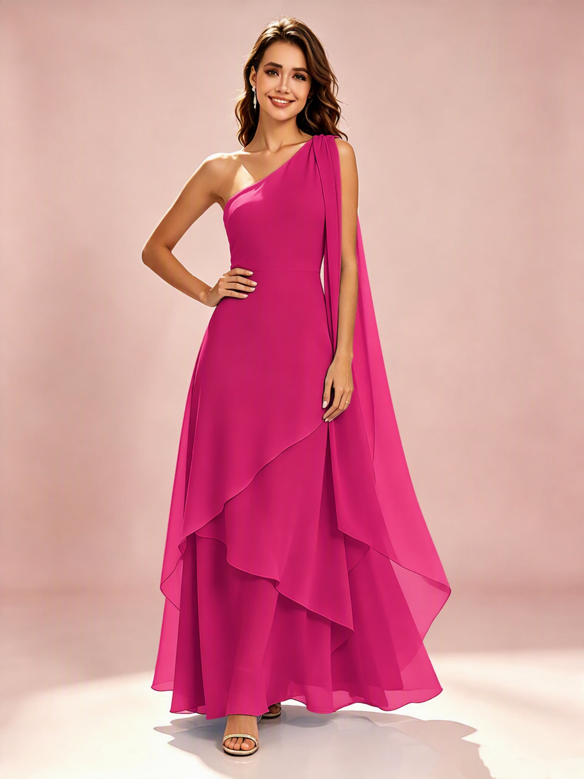 One Shoulder Chiffon Tiered Layered Bridesmaid Dresses for Wedding