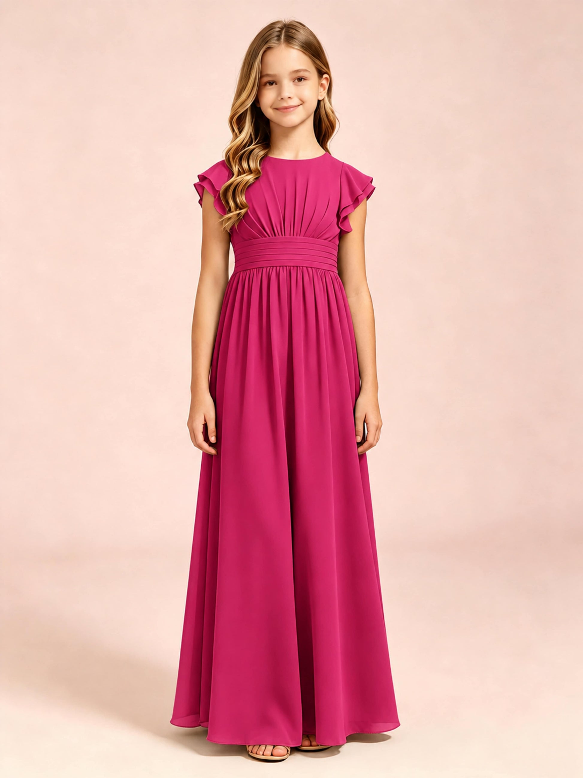 Chiffon Ruffle Cap Sleeve Junior Bridesmaid Dress for Wedding