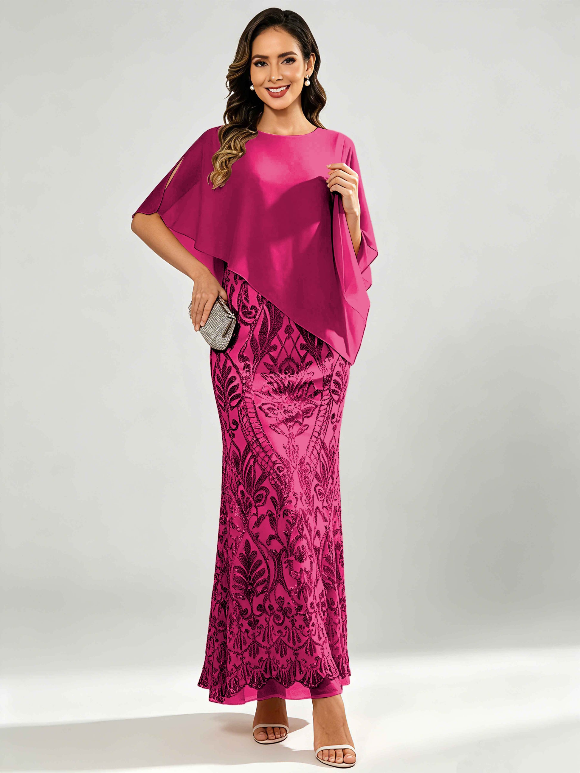 Mermaid Sequin Mother of The Bride Dress with Chiffon Cape