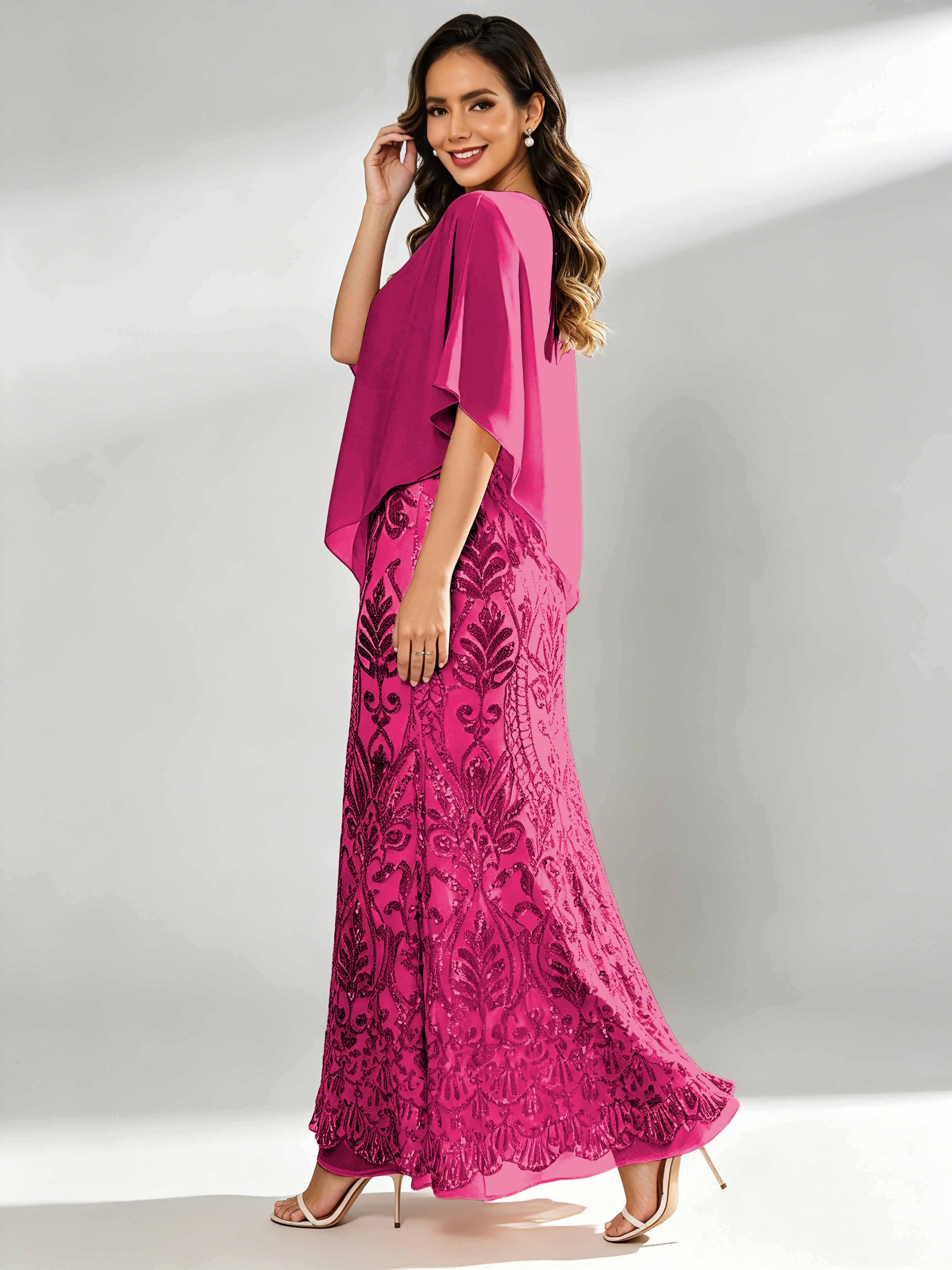 Mermaid Sequin Mother of The Bride Dress with Chiffon Cape