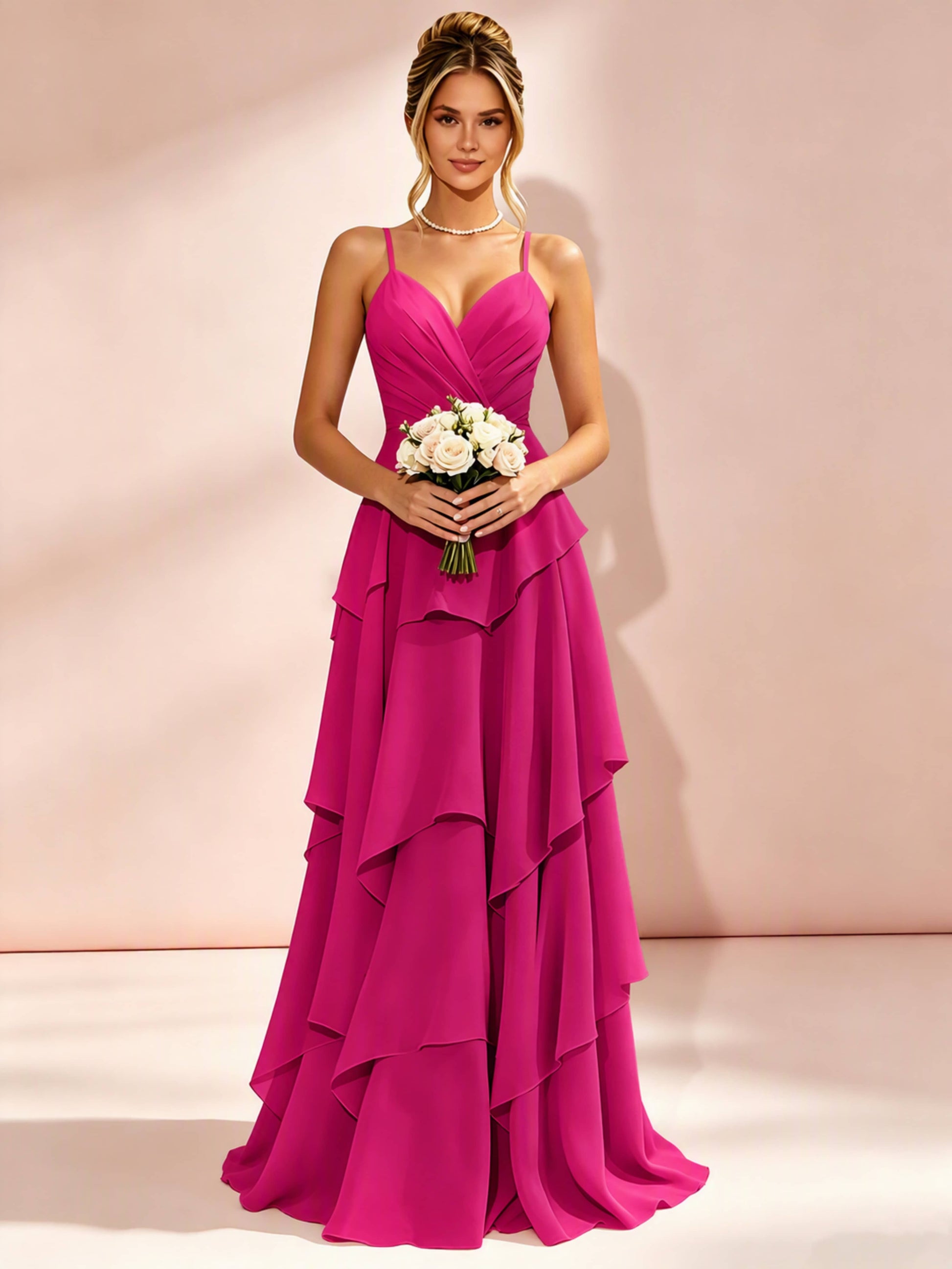 Spaghetti Straps Ruffle Tiered Chiffon Bridesmaid Dress for Wedding