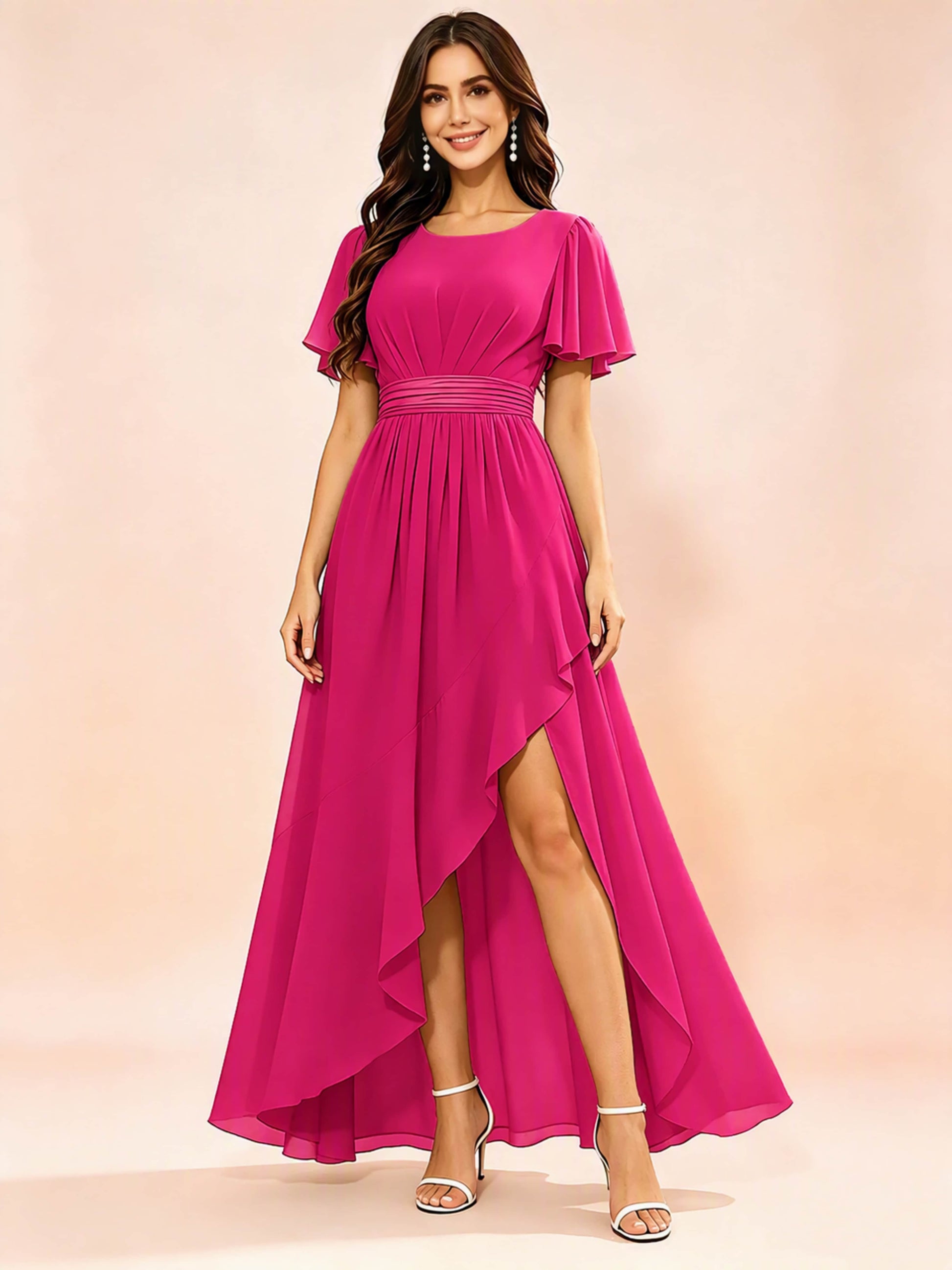 Chiffon High Low Round Neck Bridesmaid / Wedding Guest Dresses
