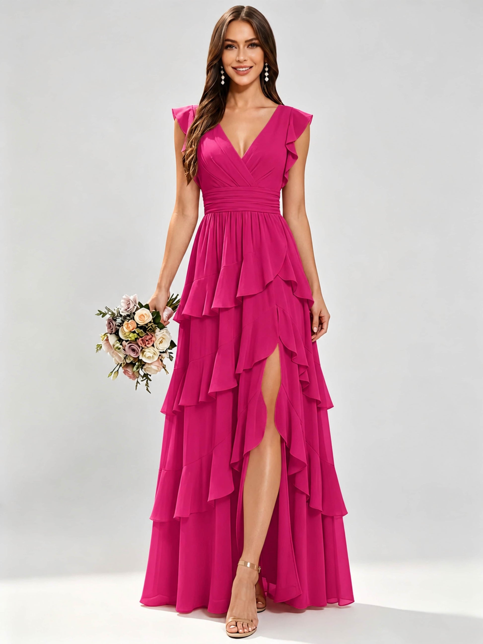 Ruffle Sleeve Tiered Chiffon Bridesmaid Dresses for Wedding with Slit