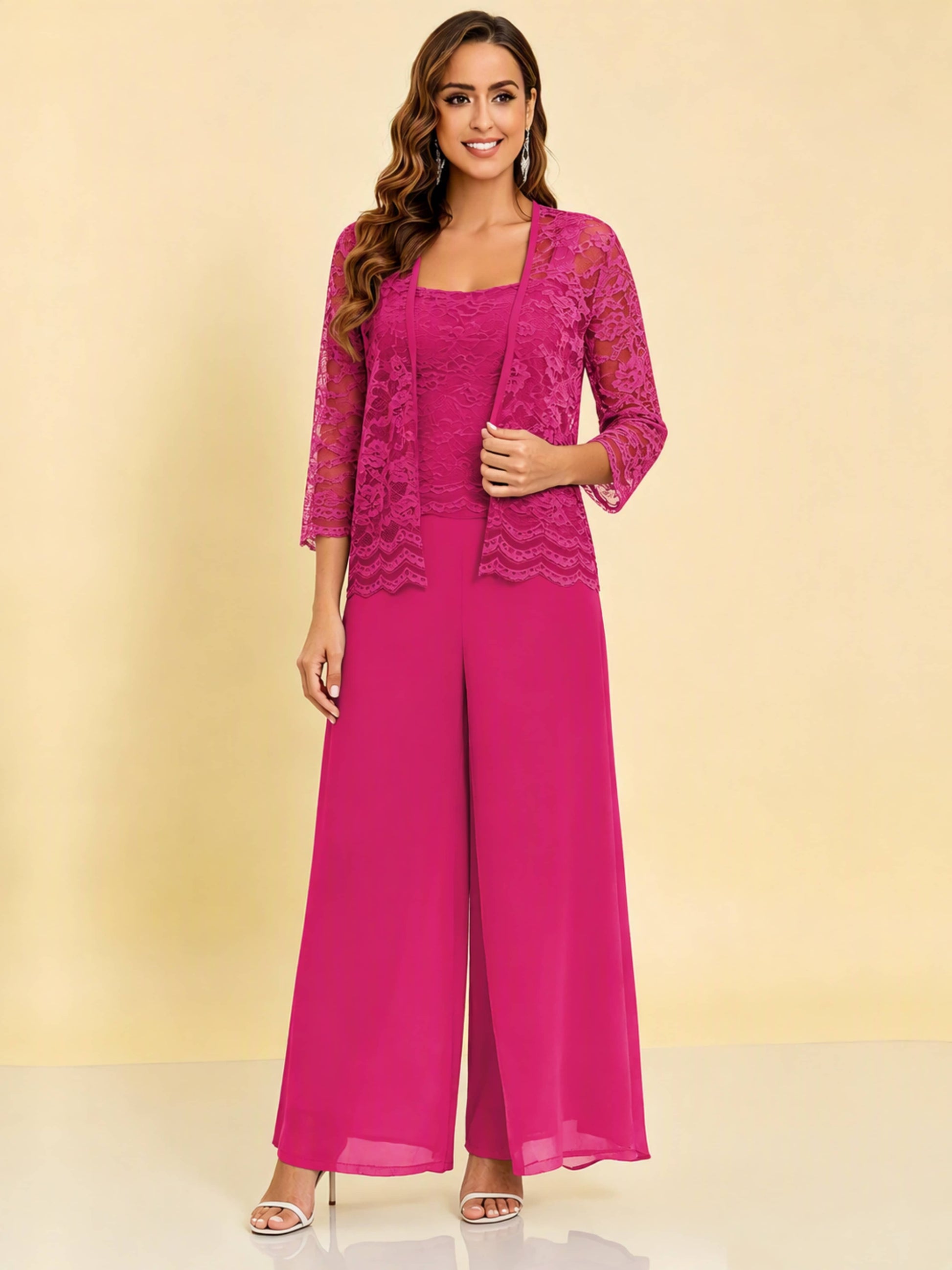 Chiffon Lace Flowy 3 Pieces Mother of The Bride Pant Suits Women Wedding