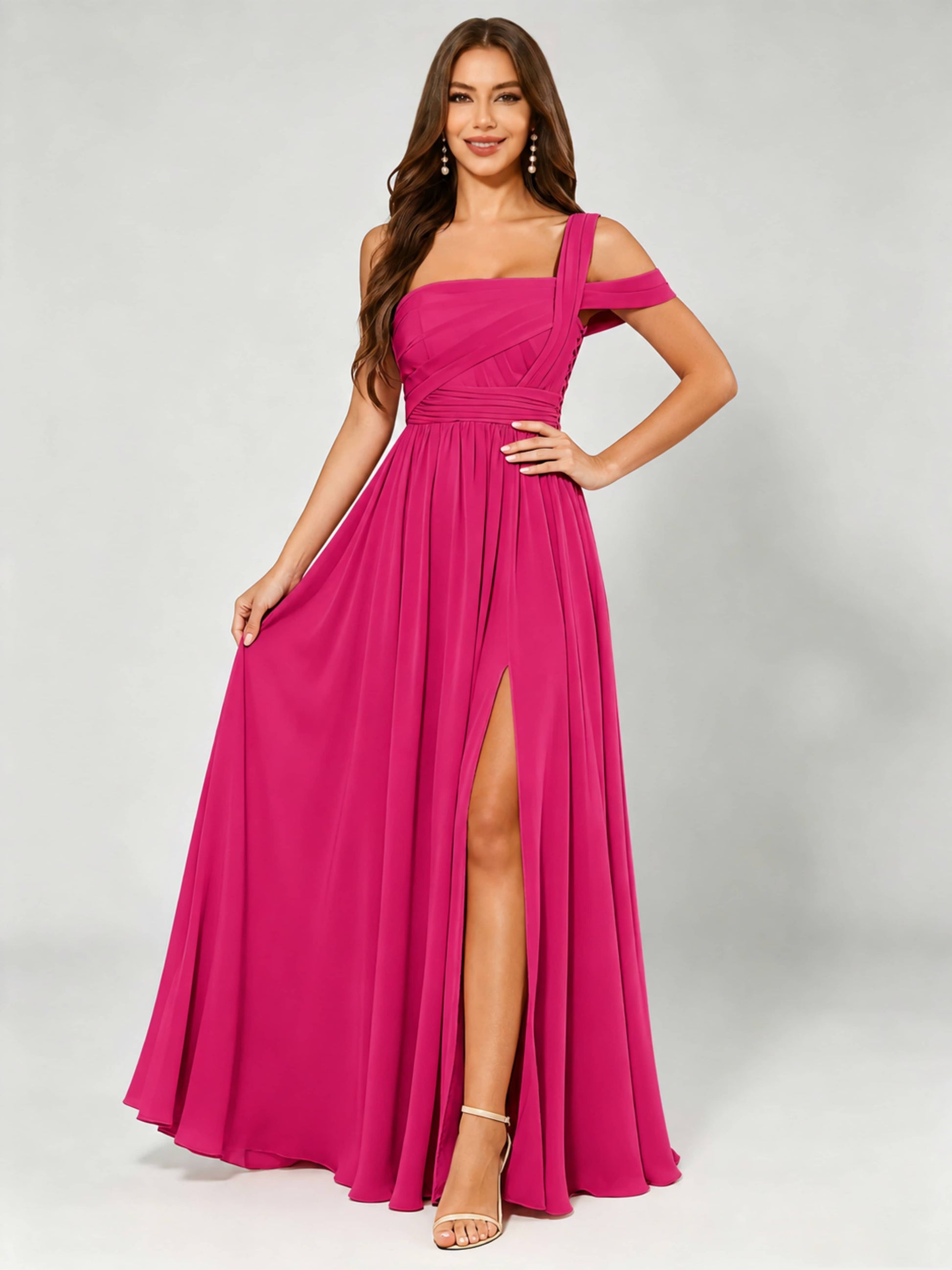 One Shoulder Chiffon Pleated Bridesmaid Dresses for Wedding