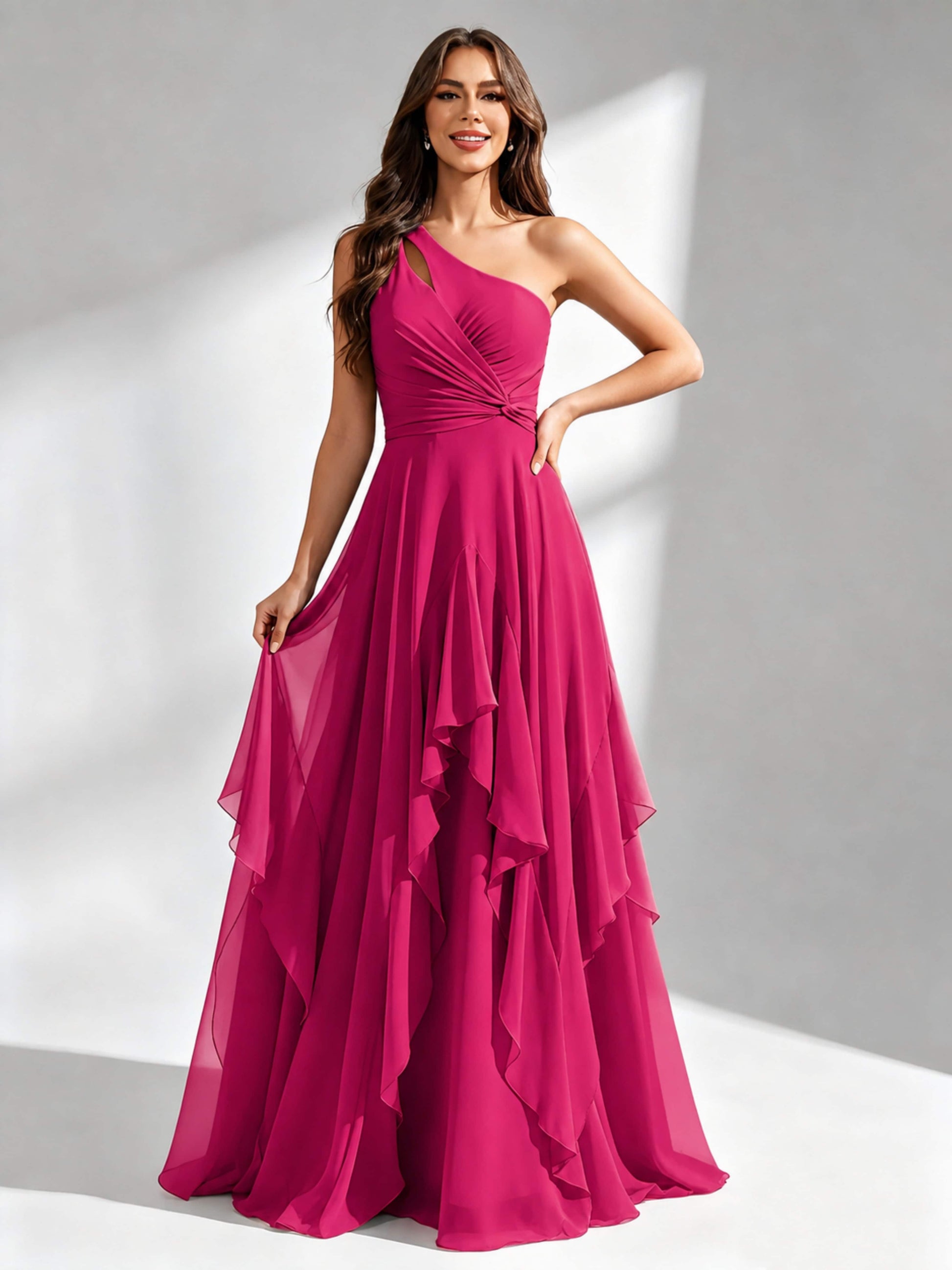 One Shoulder Ruffle Bridesmaid Dresses Formal Evening Gown