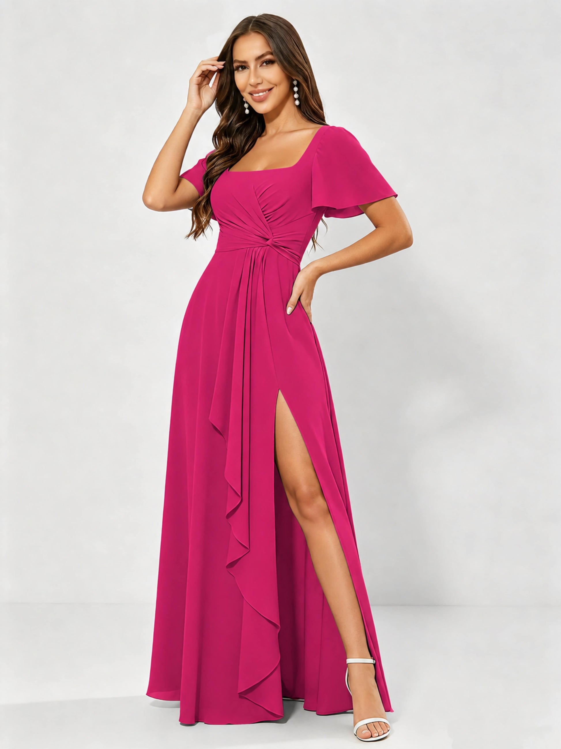 Square Neck Chiffon Ruffle Bridesmaid Dress with Slit