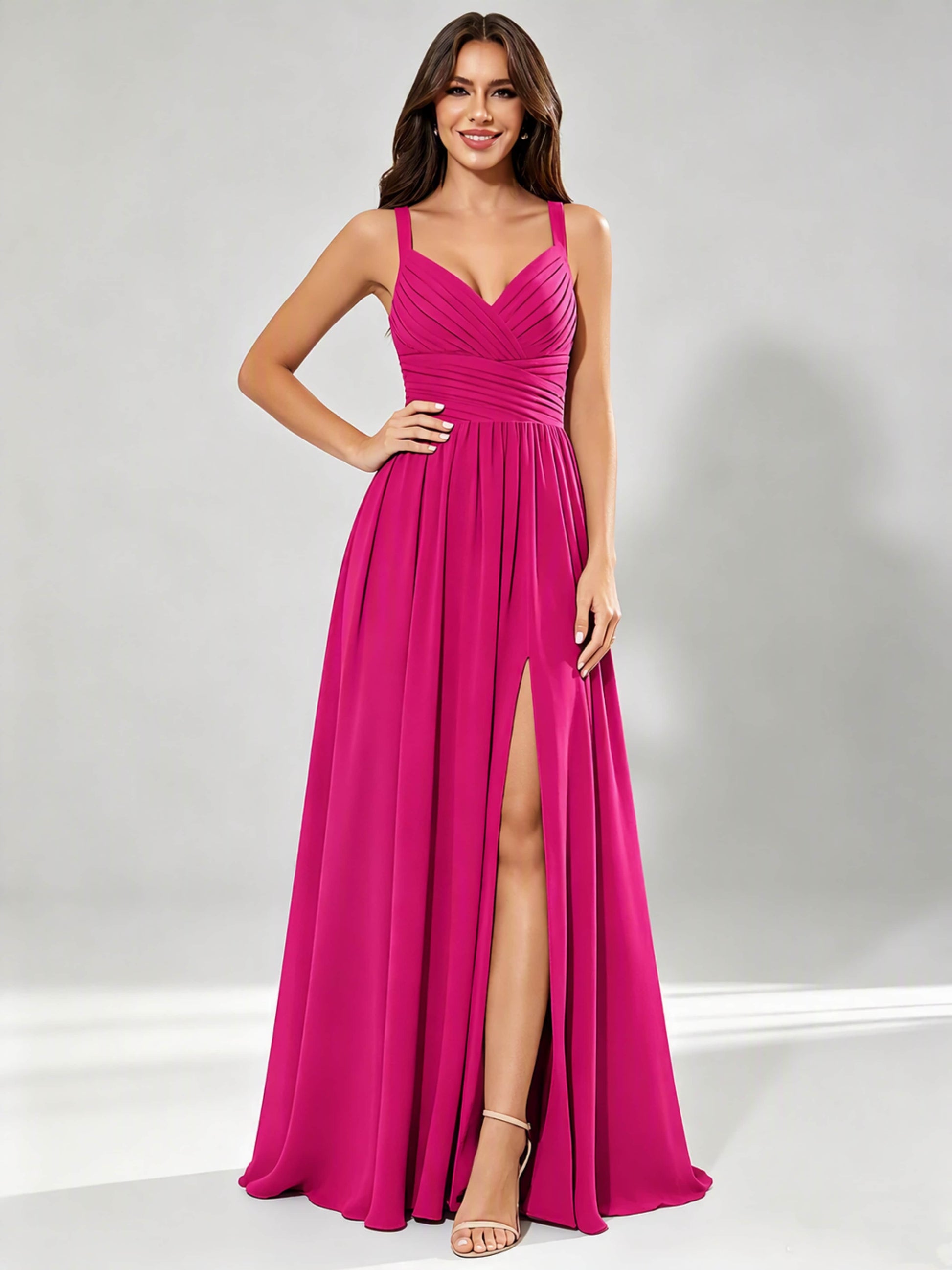 Spaghetti Straps Chiffon Ruched Bust Pleated Bridesmaid Dress for Wedding