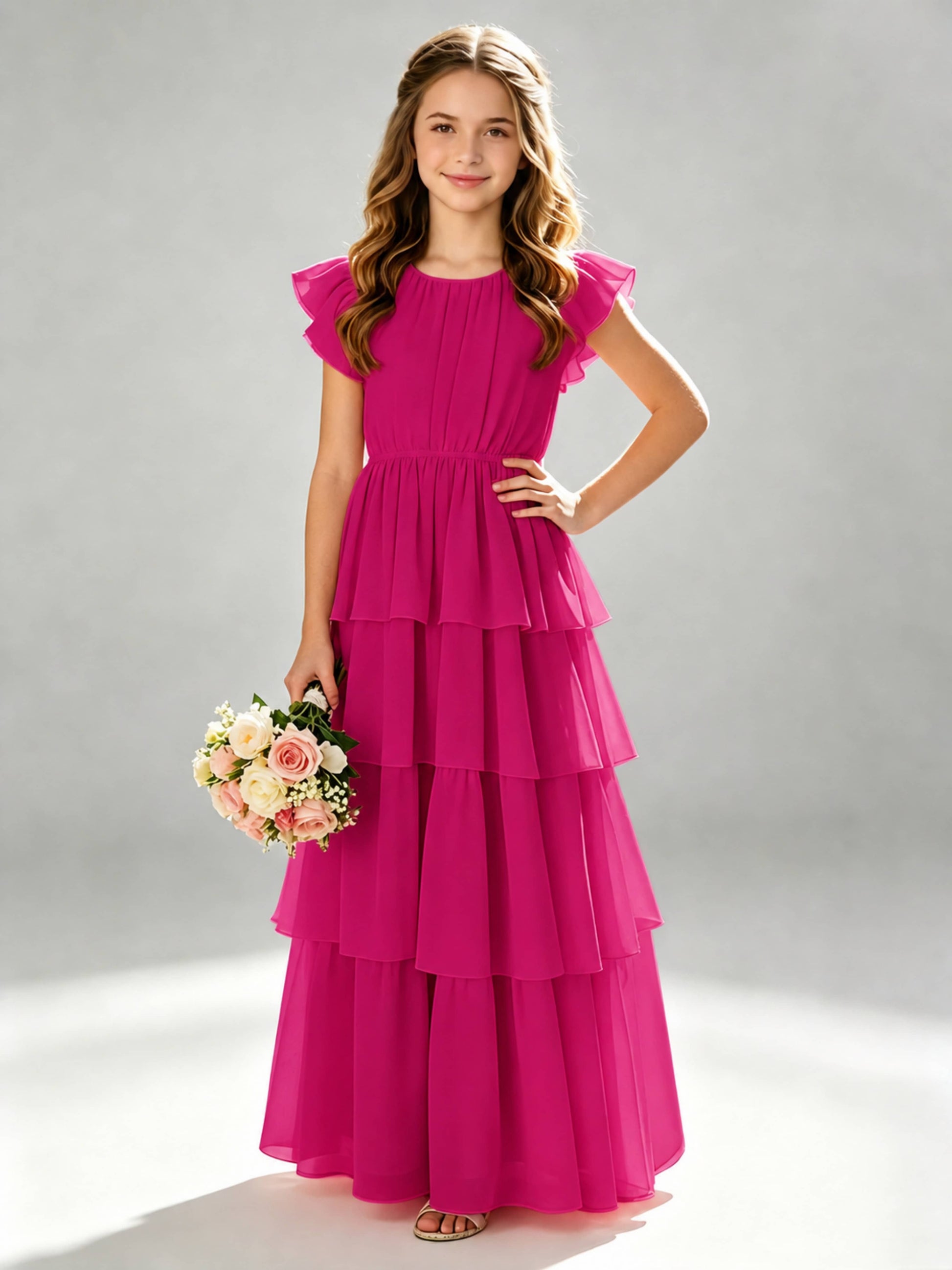 Chiffon Tiered Pleated Long Junior Bridesmaid Dresses