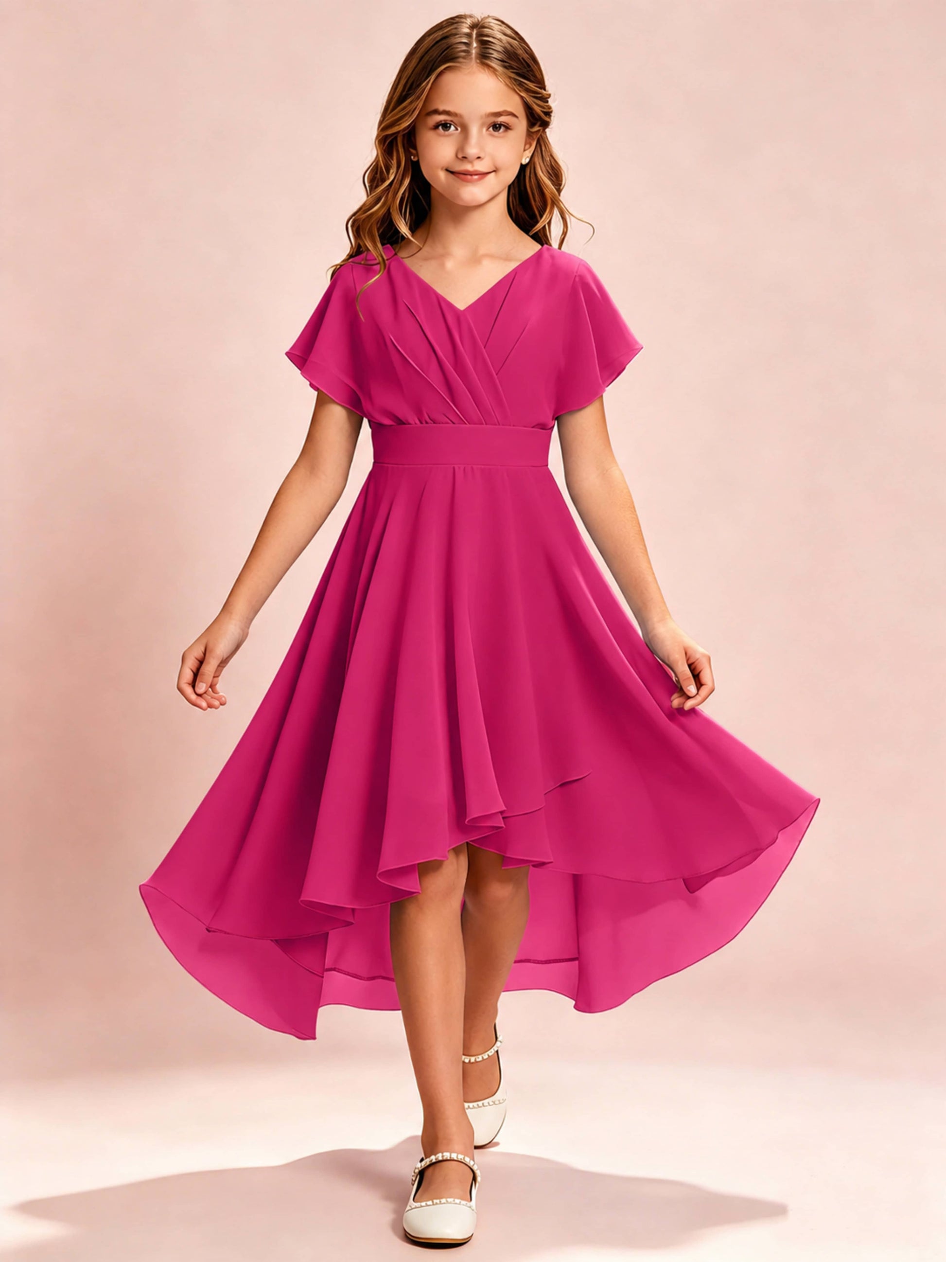 Chiffon High Low Cap Sleeve Junior Bridesmaid Dress for Wedding