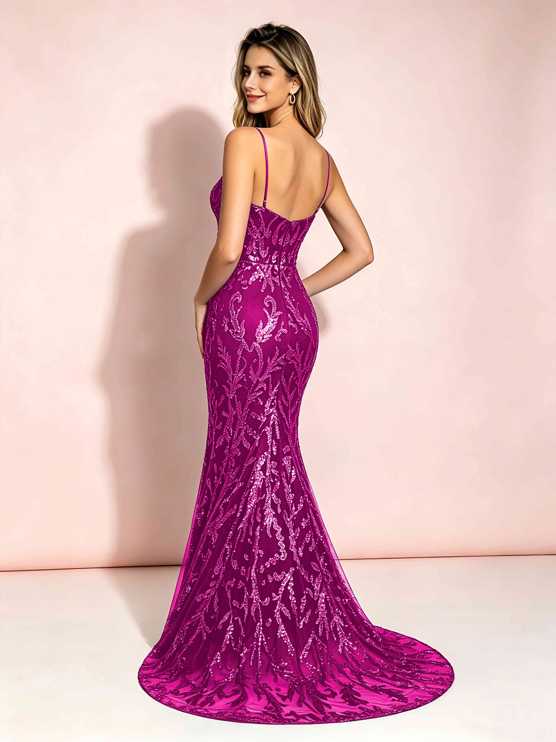 Mermaid V-Neck Sweep Train Sequin Sparkly Prom Dresses with Slit