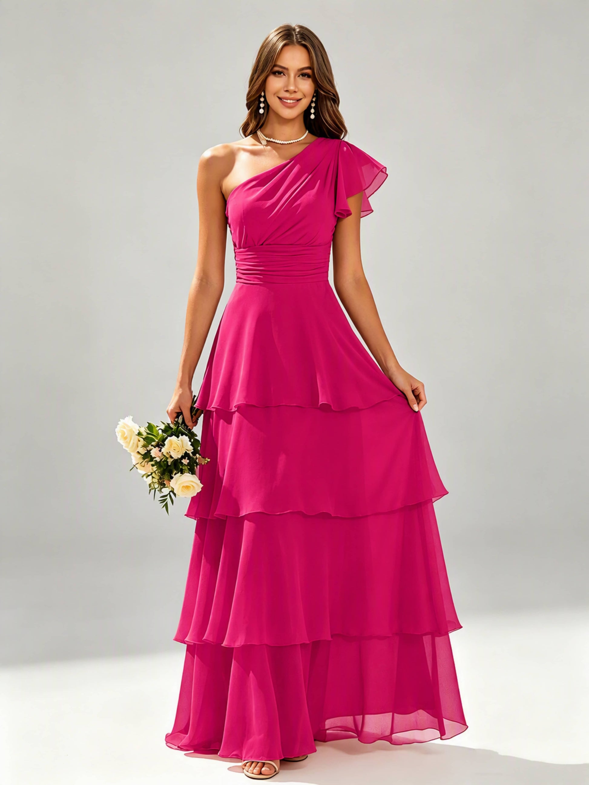 One Shoulder Ruffle Tiered Chiffon Bridesmaid Dress for Wedding