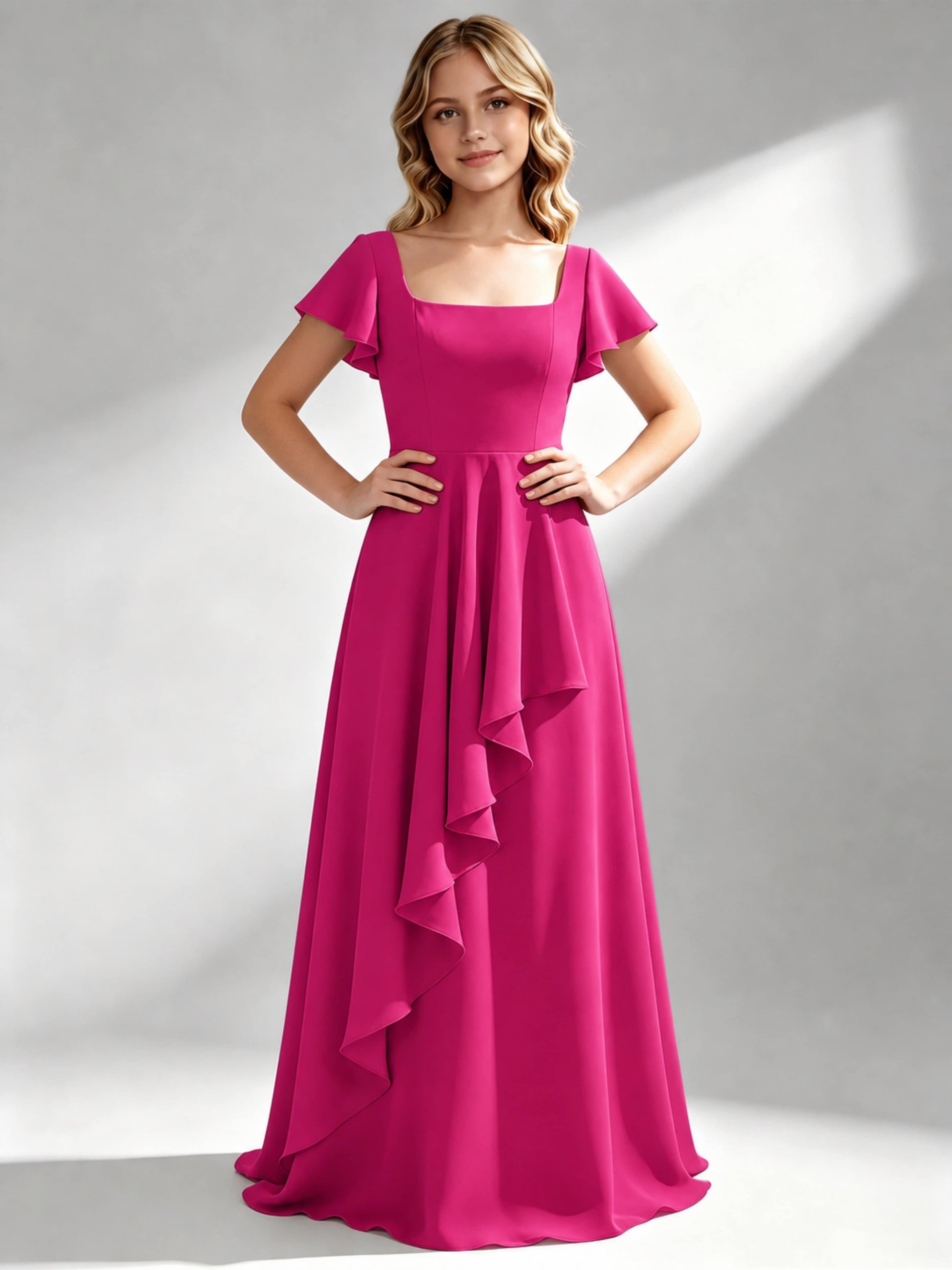 A-Line Square Neck Ruffle Junior Bridesmaid Dresses