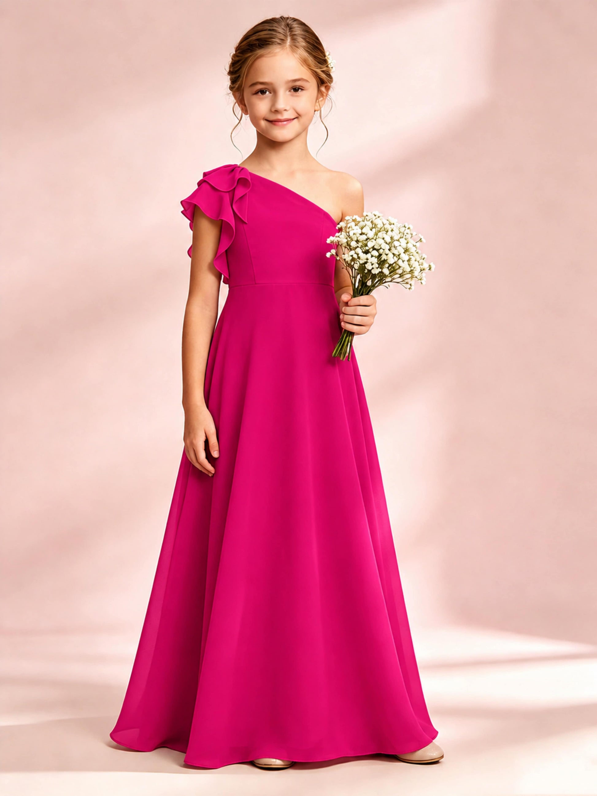 Chiffon Junior Bridesmaid Dress for Wedding One Shoulder Flower Girl Dresses