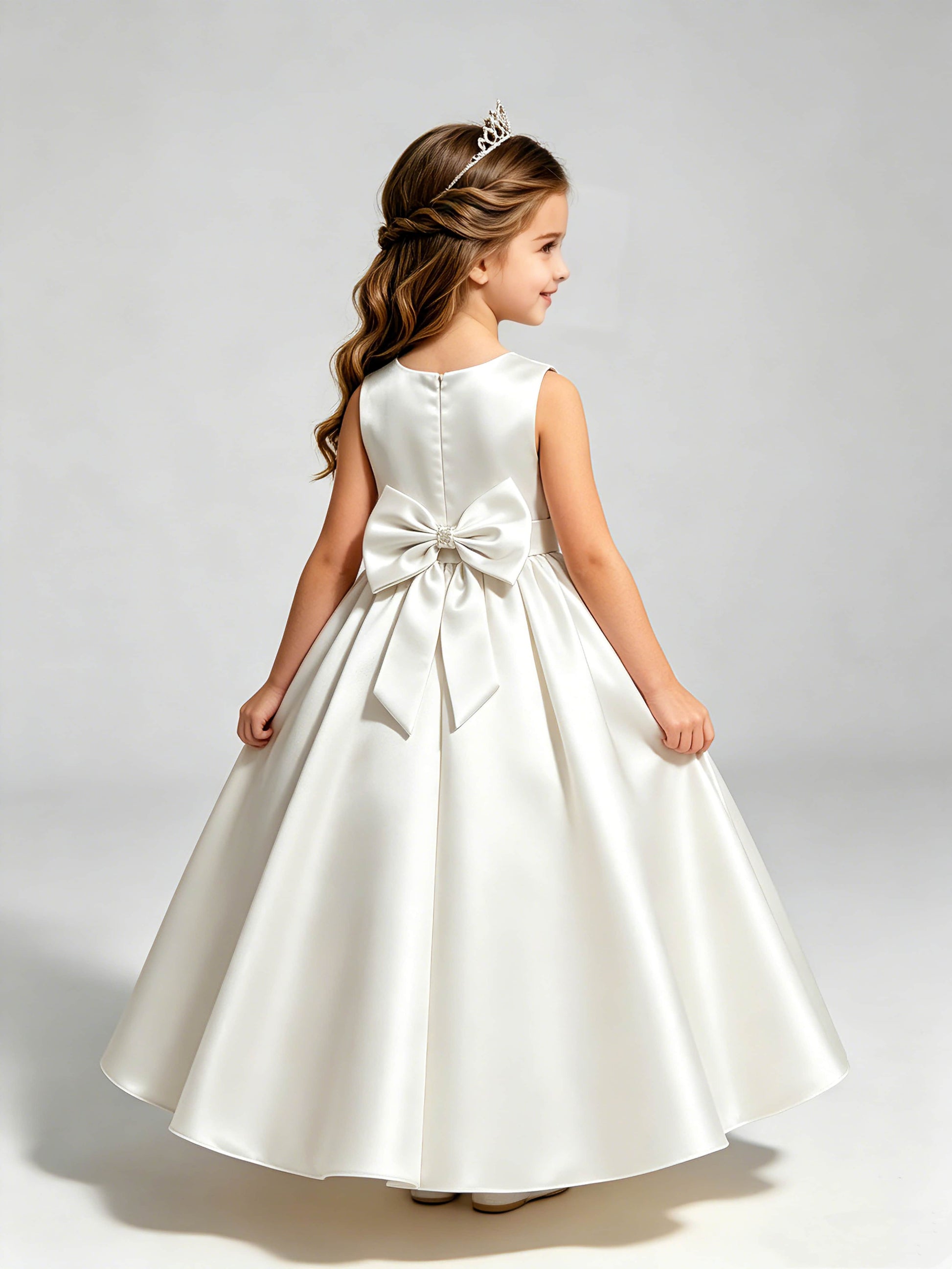 Satin Flower Girl Dress with Bow Princess Girls Pageant Gowns