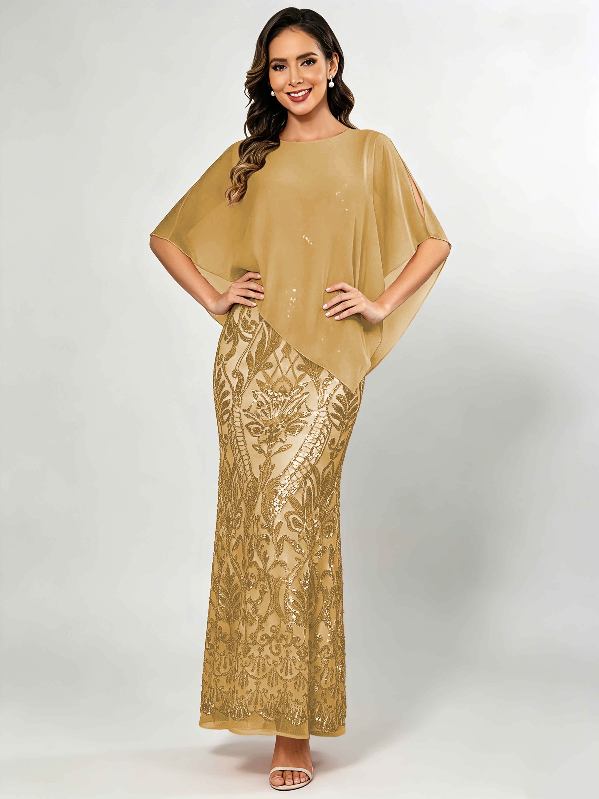 Mermaid Sequin Mother of The Bride Dress with Chiffon Cape