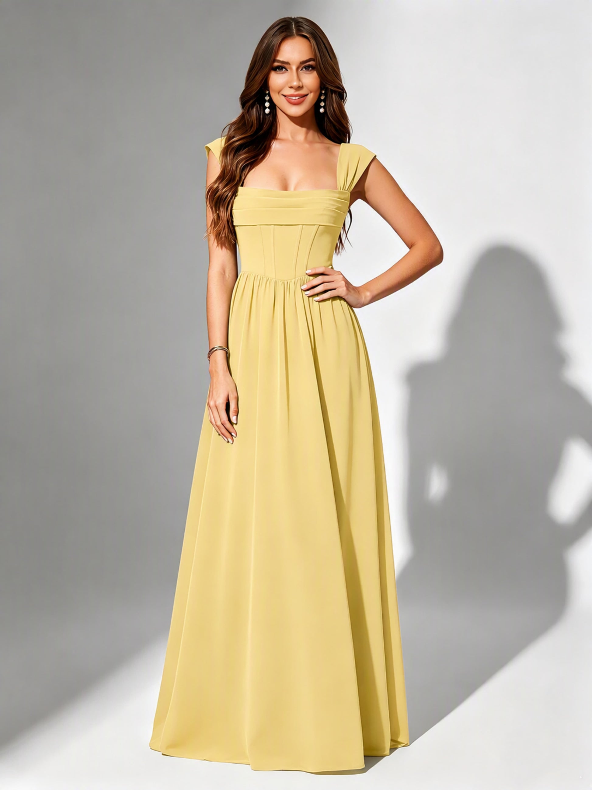 Square Neck Chiffon Bridesmaid Dress Corset Formal Gown