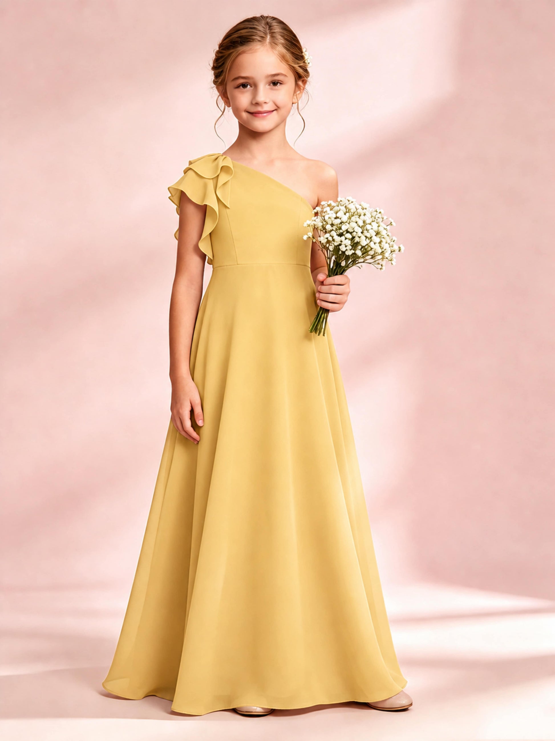 Chiffon Junior Bridesmaid Dress for Wedding One Shoulder Flower Girl Dresses