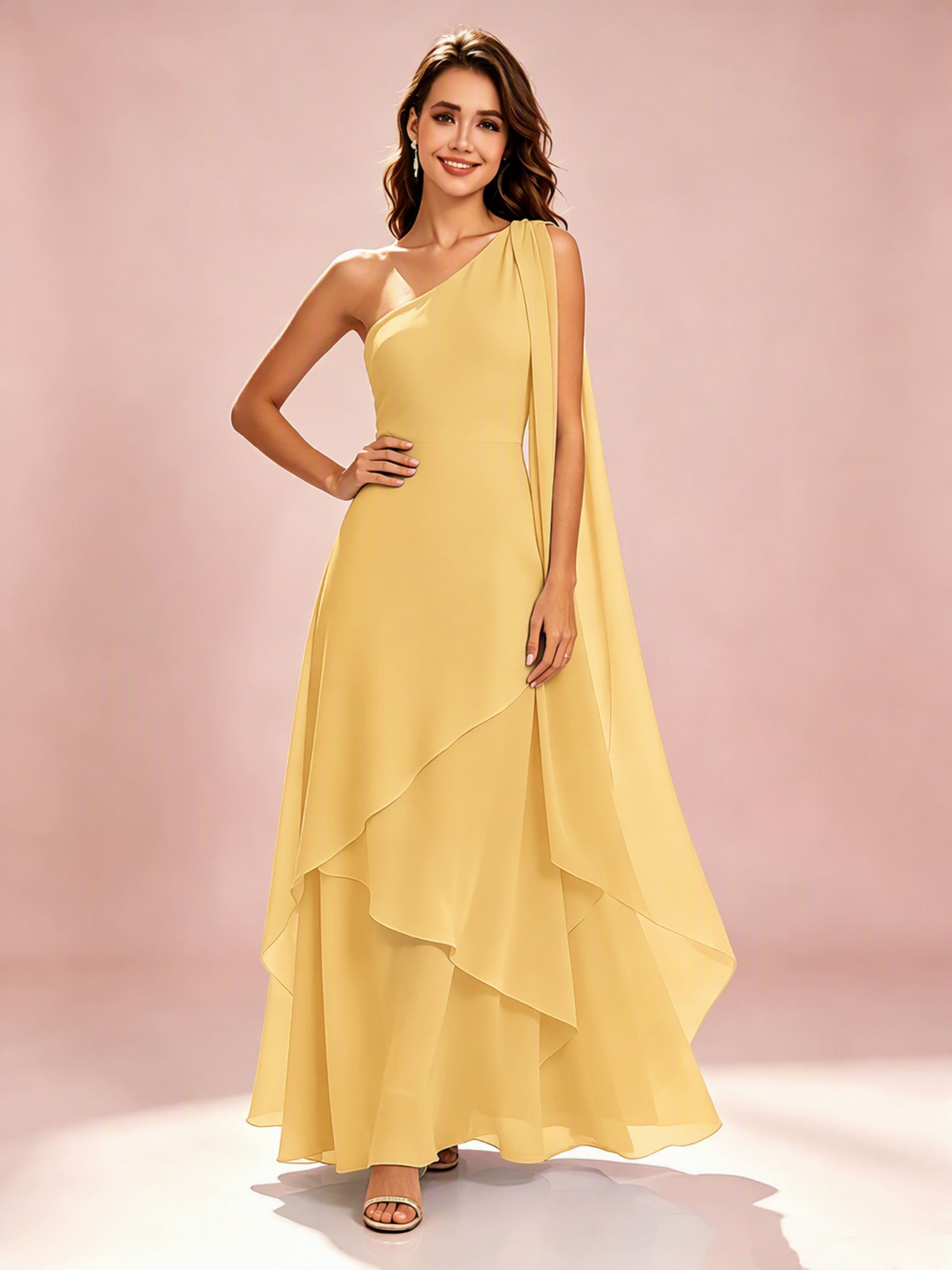 One Shoulder Chiffon Tiered Layered Bridesmaid Dresses for Wedding