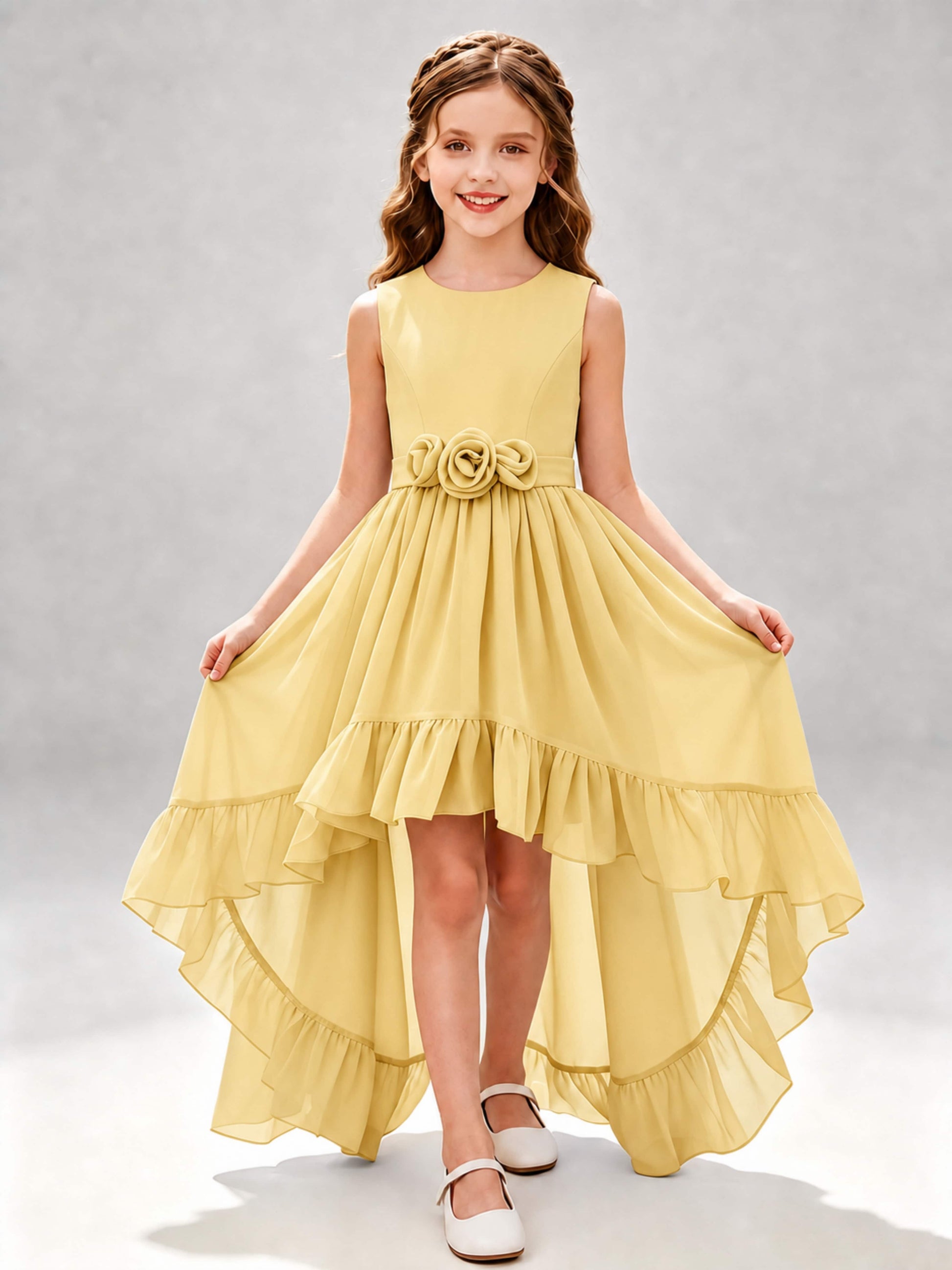 Chiffon 3D Flower High Low Junior Bridesmaid Dresses