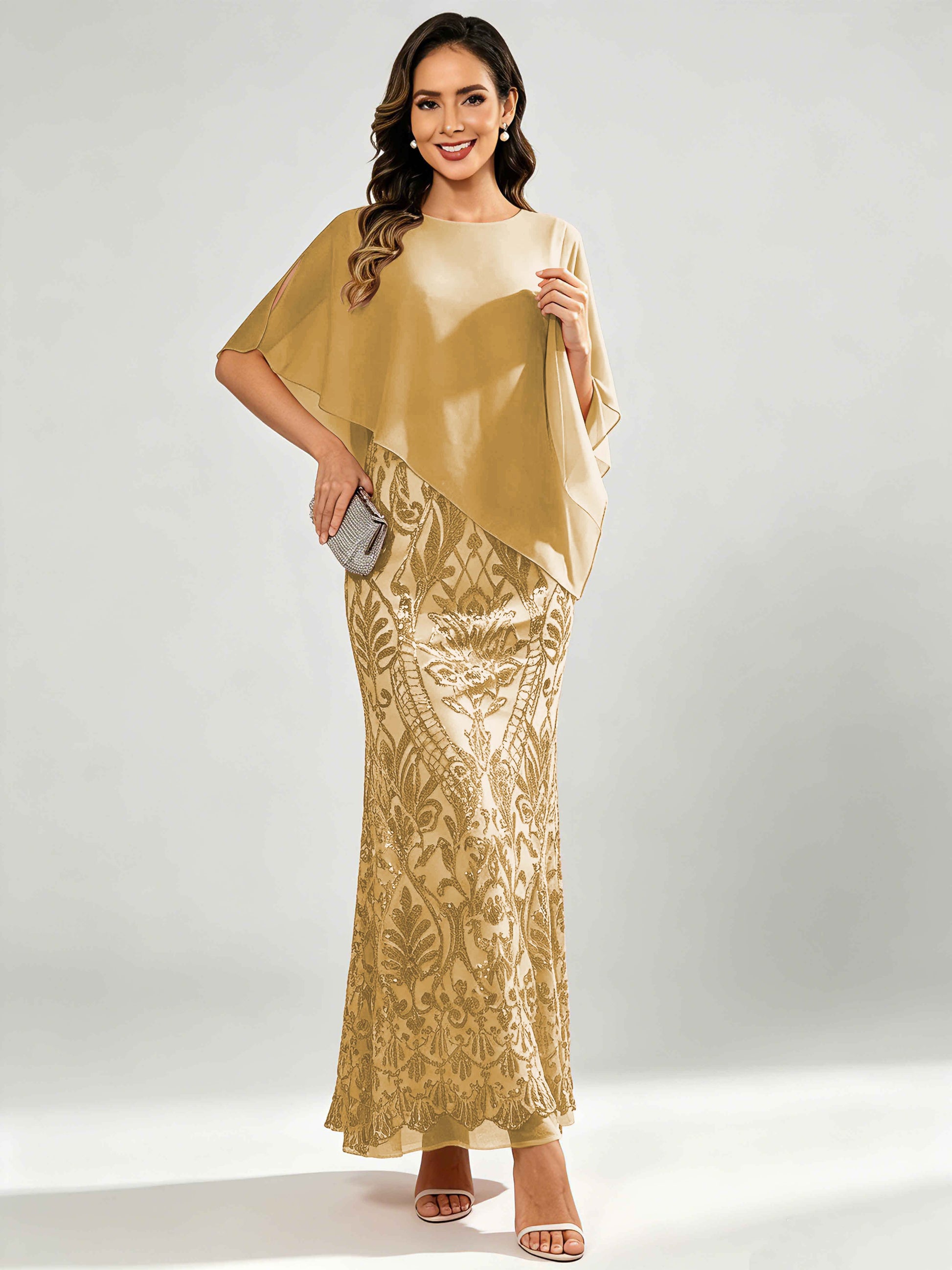Mermaid Sequin Mother of The Bride Dress with Chiffon Cape