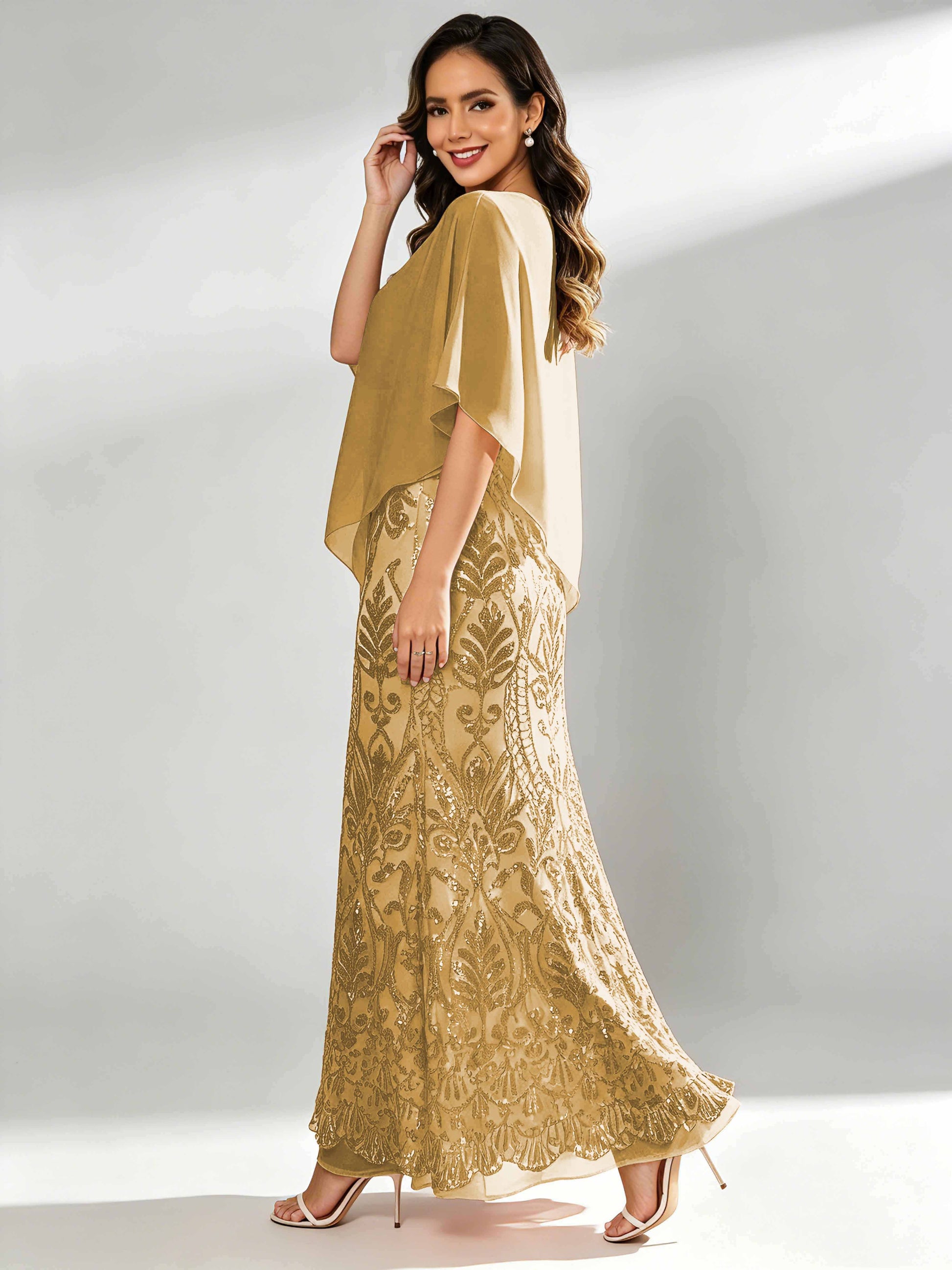 Mermaid Sequin Mother of The Bride Dress with Chiffon Cape