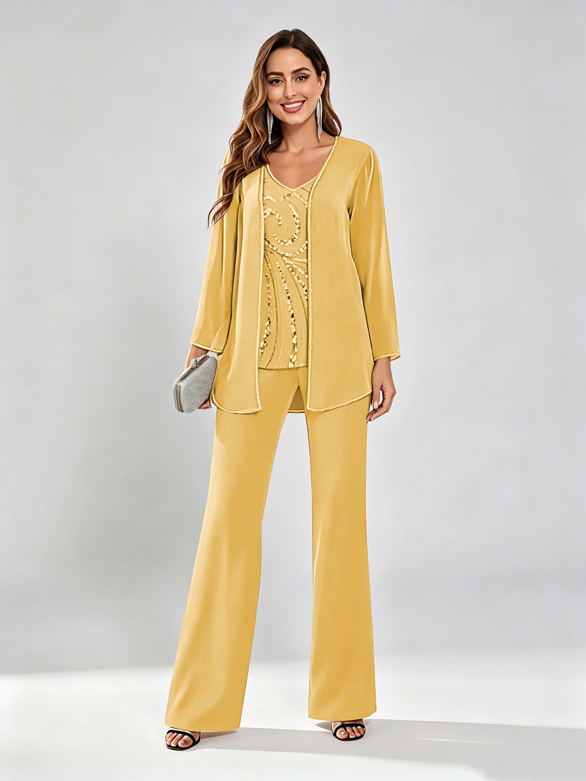 Chiffon Sequin 3 Pieces Mother of The Bride Pant Suits for Women