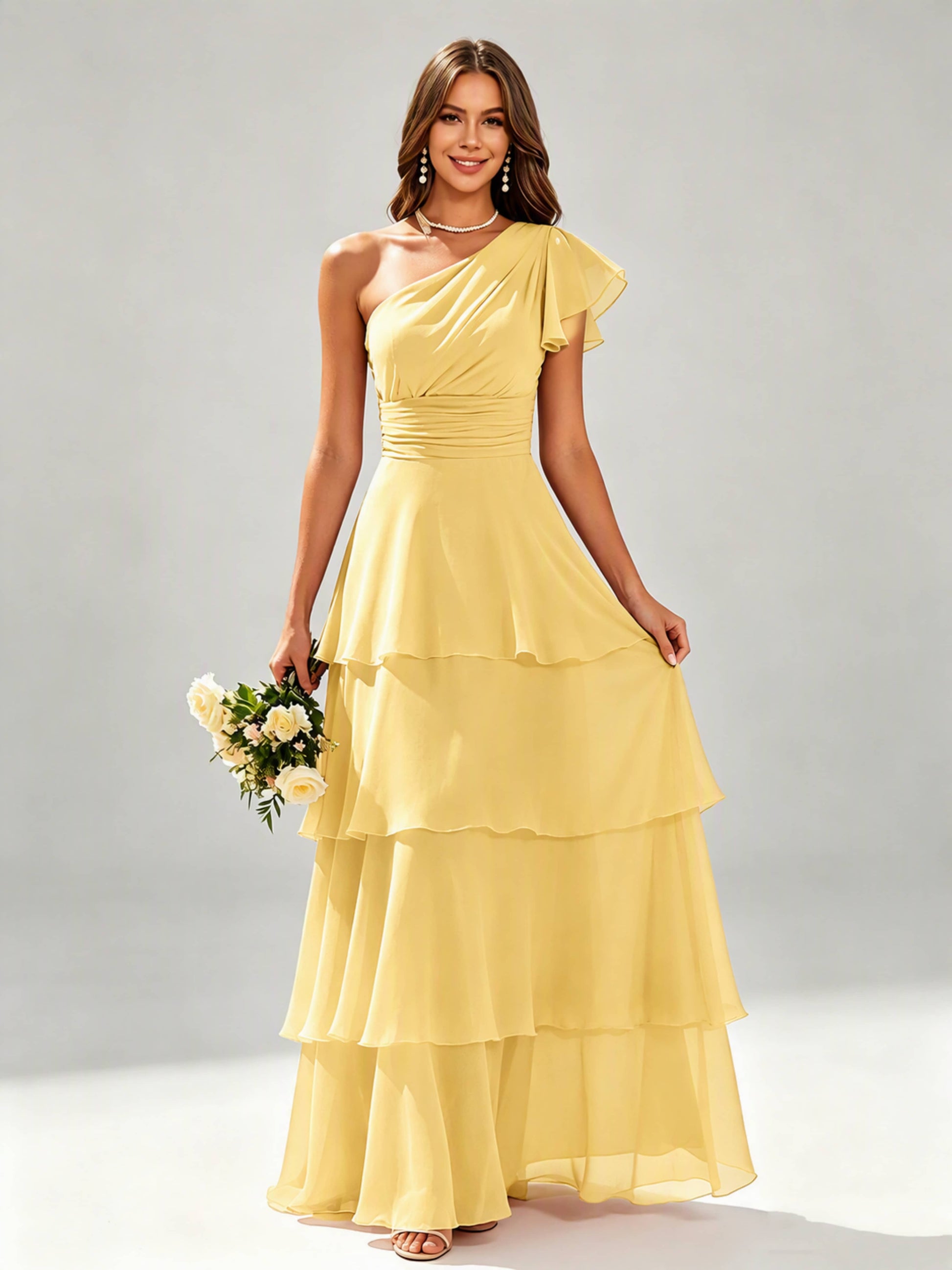 One Shoulder Ruffle Tiered Chiffon Bridesmaid Dress for Wedding