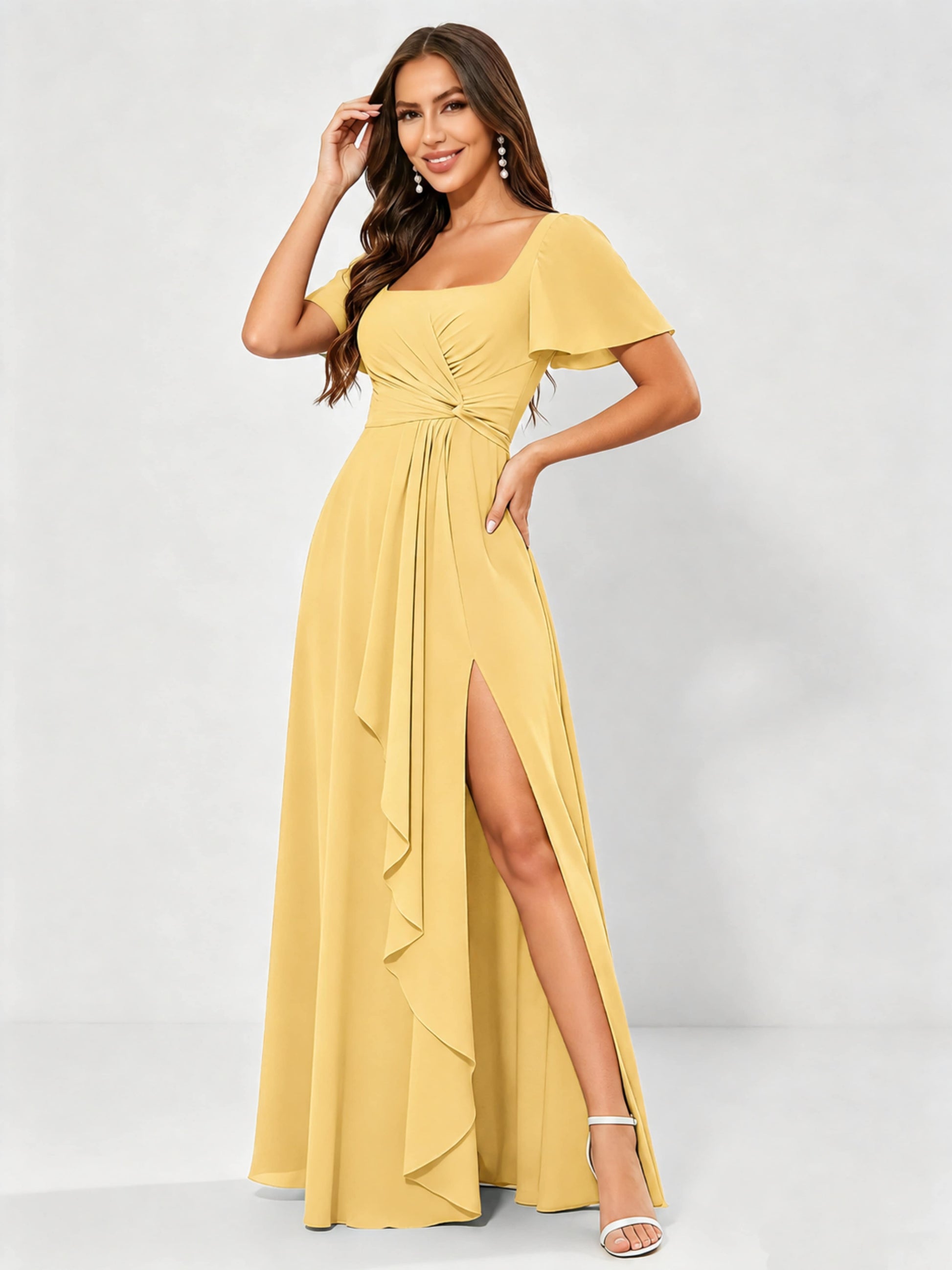 Square Neck Chiffon Ruffle Bridesmaid Dress with Slit