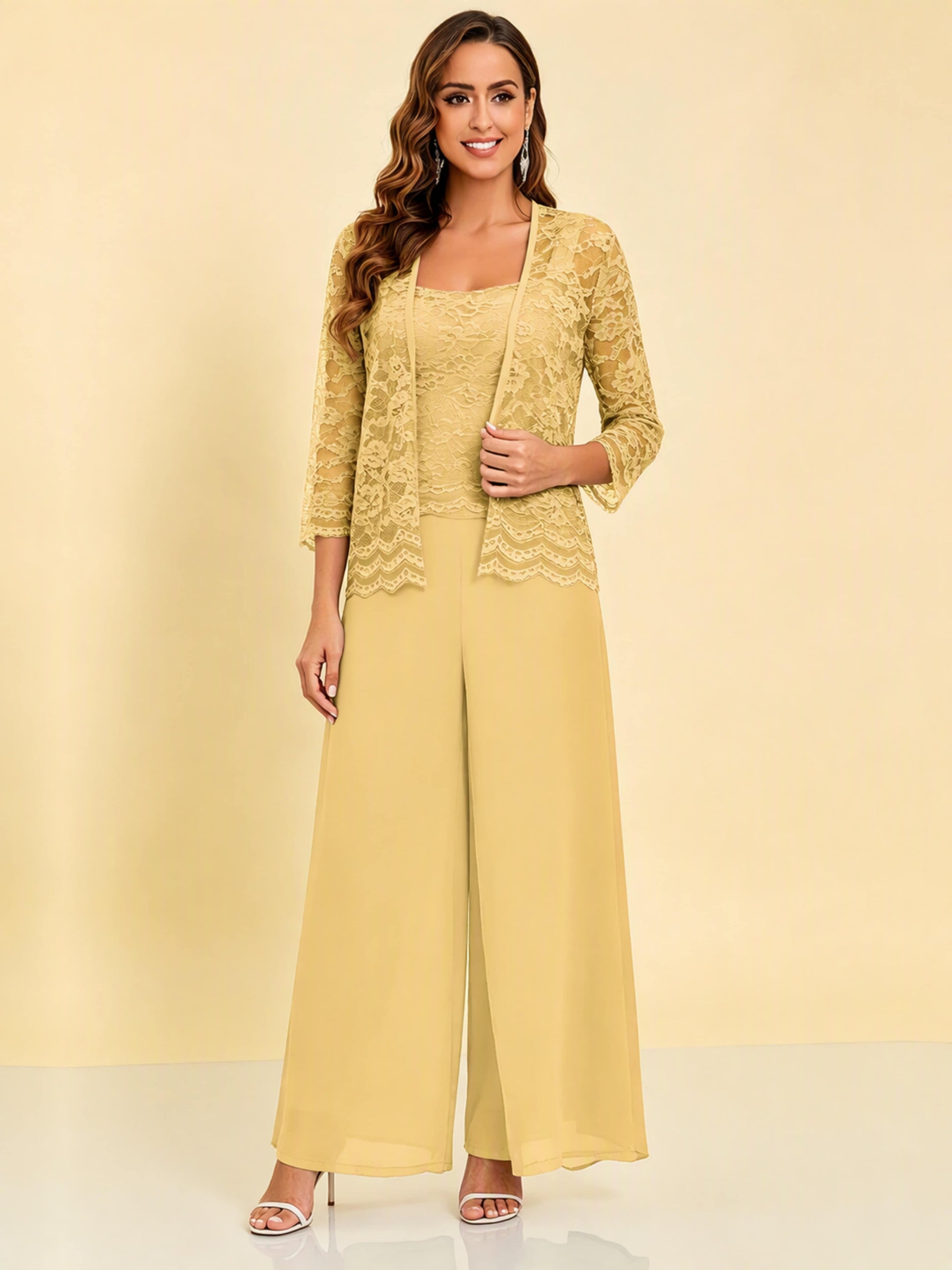 Chiffon Lace Flowy 3 Pieces Mother of The Bride Pant Suits Women Wedding