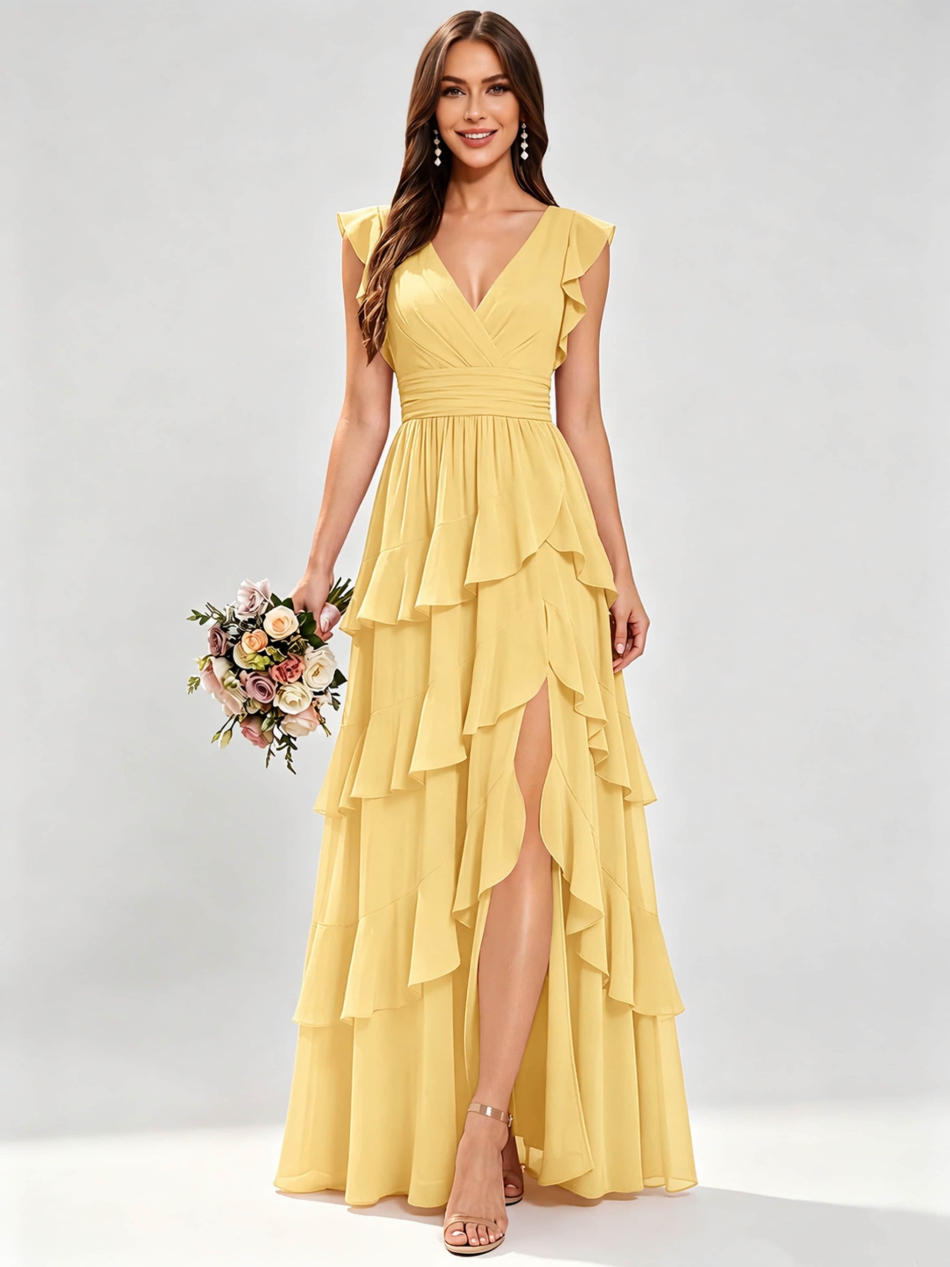 Ruffle Sleeve Tiered Chiffon Bridesmaid Dresses for Wedding with Slit