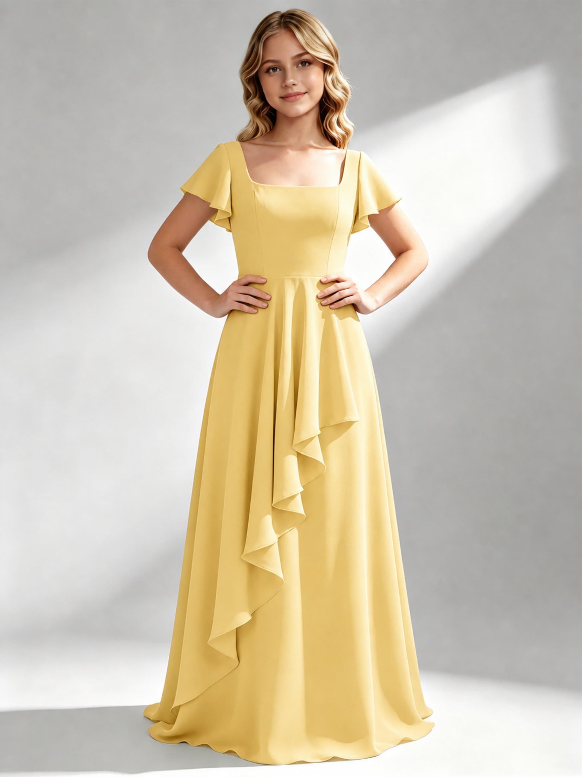 A-Line Square Neck Ruffle Junior Bridesmaid Dresses