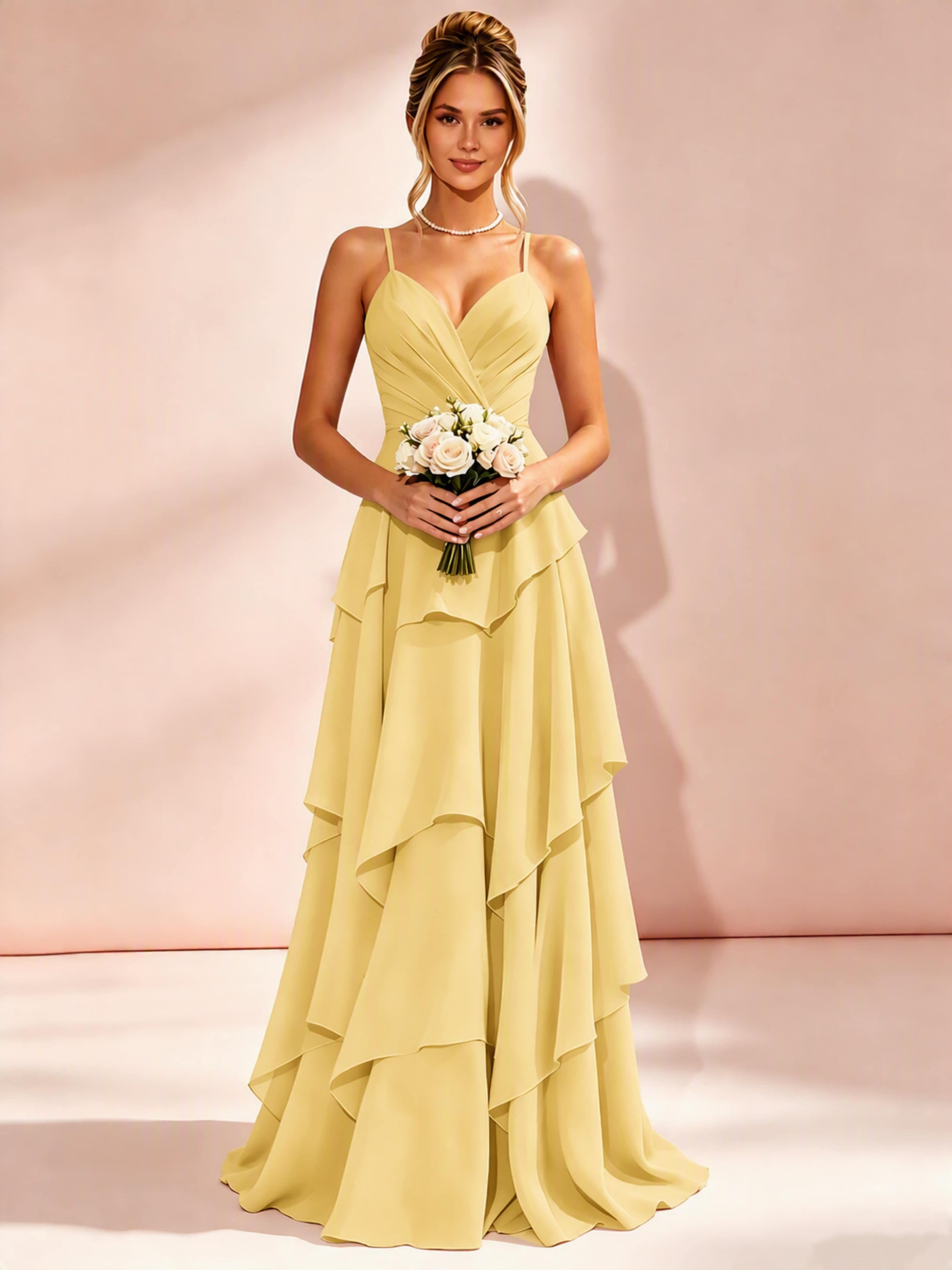 Spaghetti Straps Ruffle Tiered Chiffon Bridesmaid Dress for Wedding