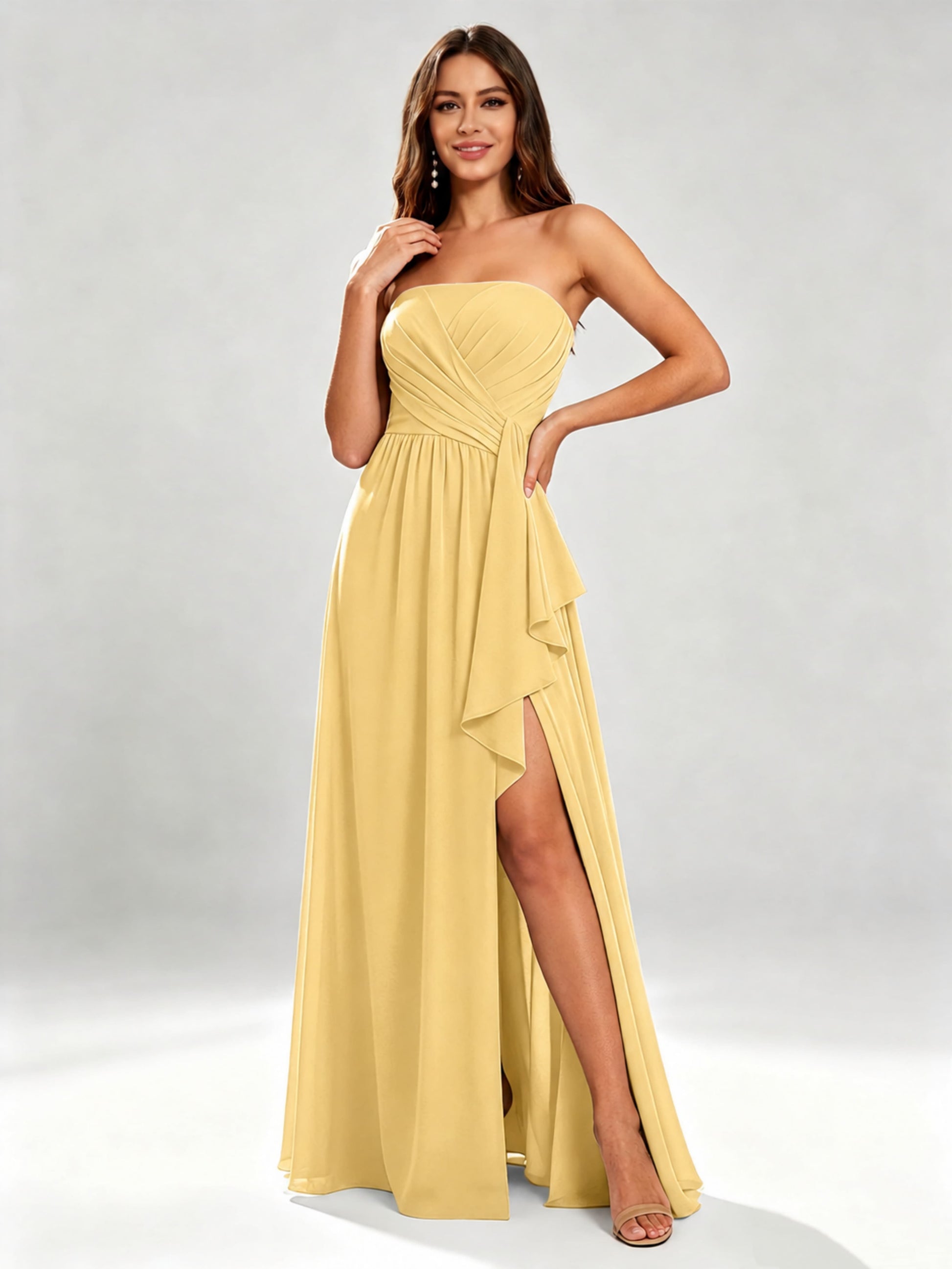Chiffon Strapless Women's Bridesmaid Dresses with Slit