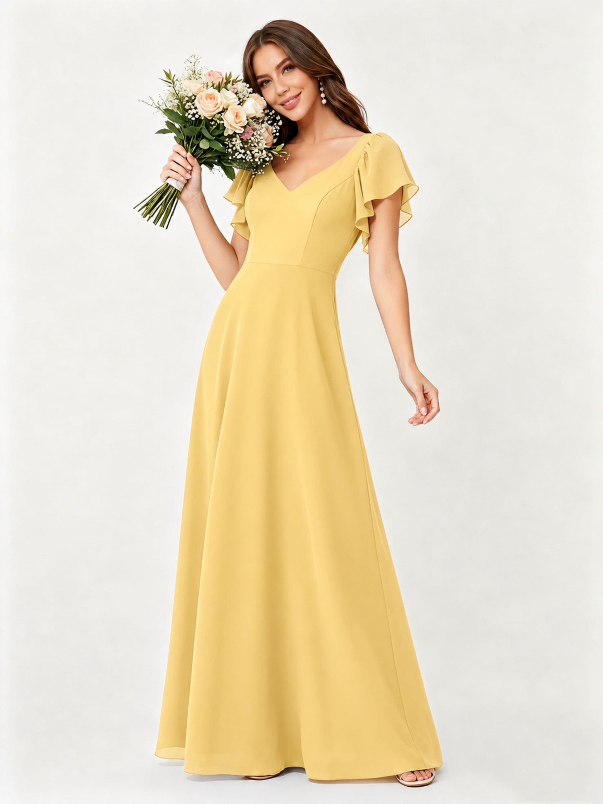 Ruffle Sleeve Chiffon Bridesmaid Dresses for Women Wedding