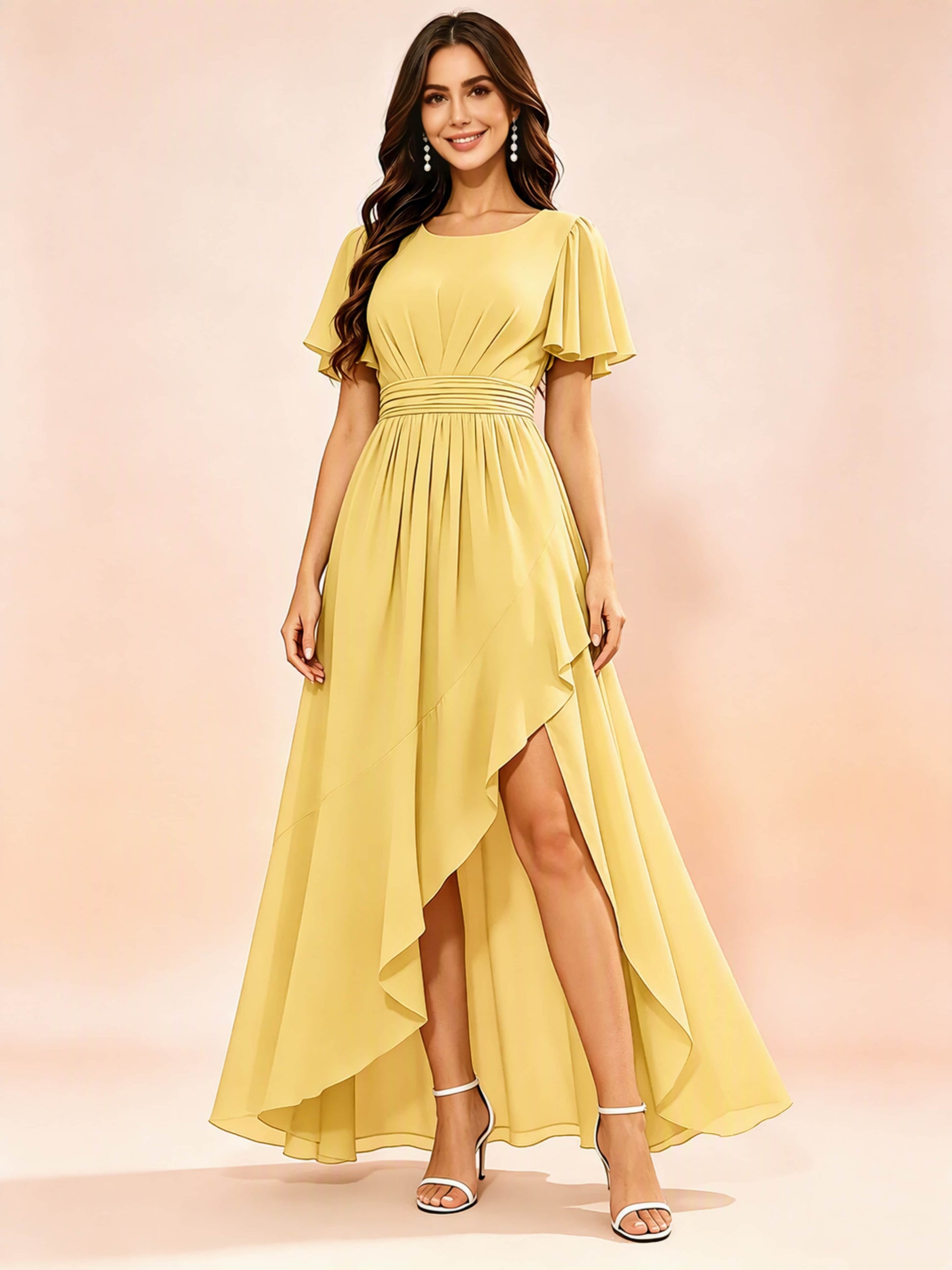 Chiffon High Low Round Neck Bridesmaid / Wedding Guest Dresses