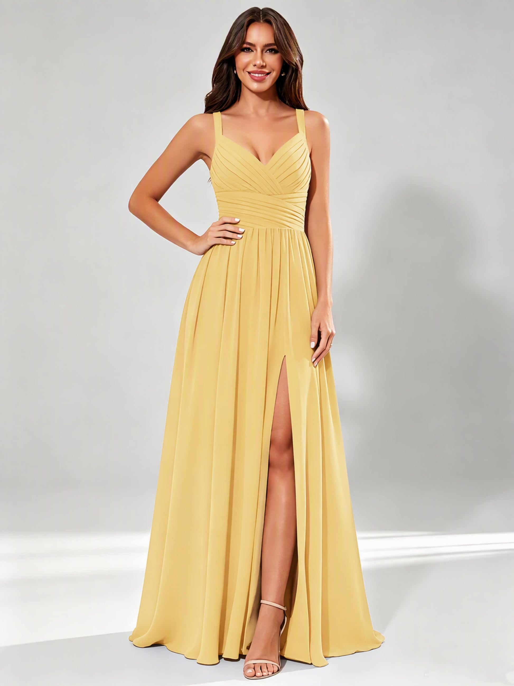 Spaghetti Straps Chiffon Ruched Bust Pleated Bridesmaid Dress for Wedding