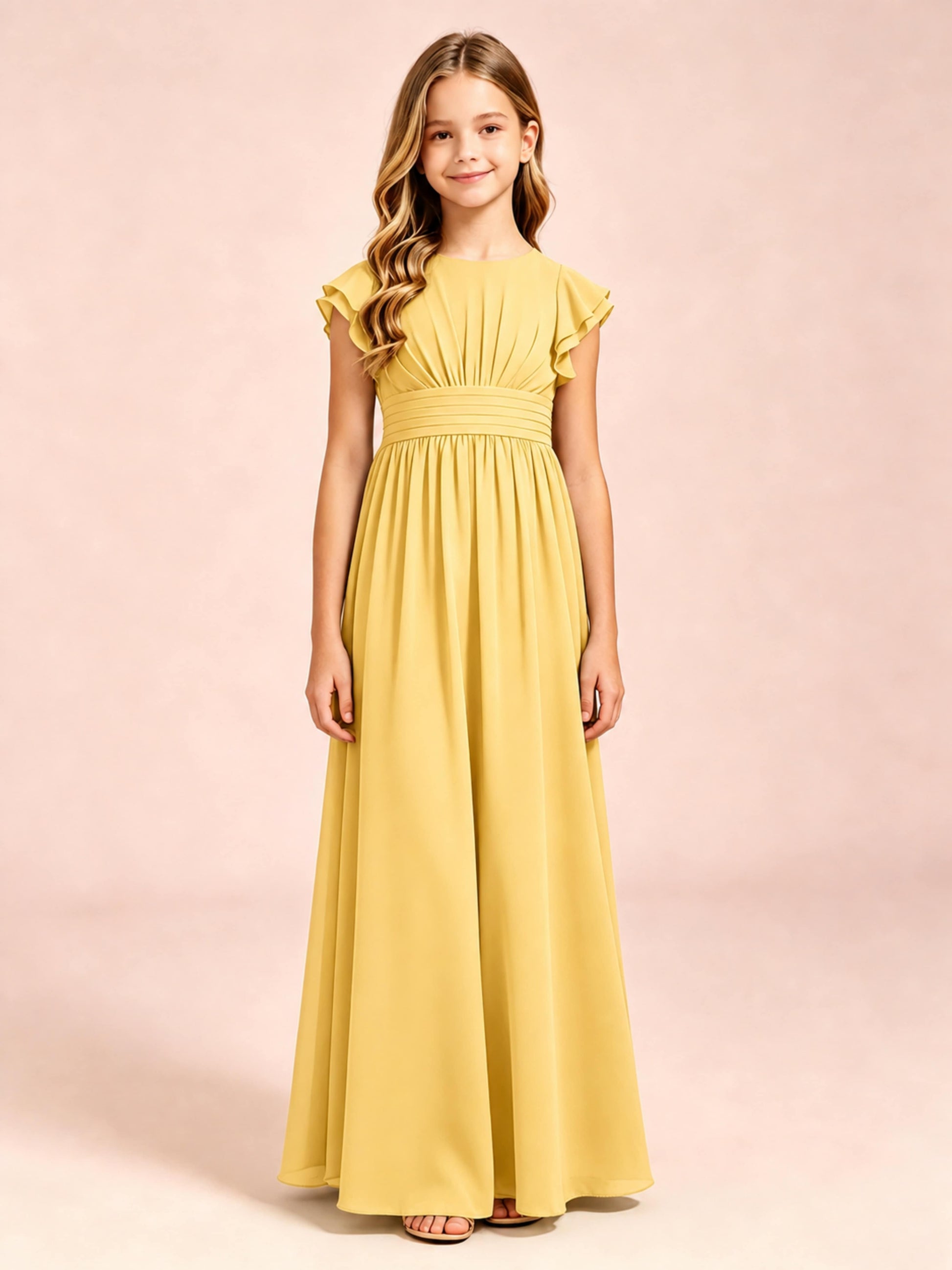Chiffon Ruffle Cap Sleeve Junior Bridesmaid Dress for Wedding