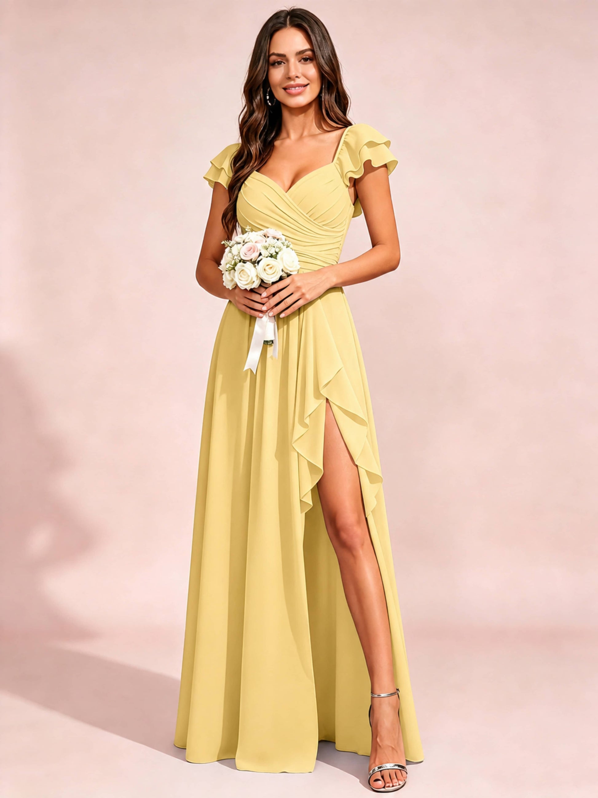 Chiffon Sweetheart Neck Ruched Bust Bridesmaid Dresses with Ruffle Slit