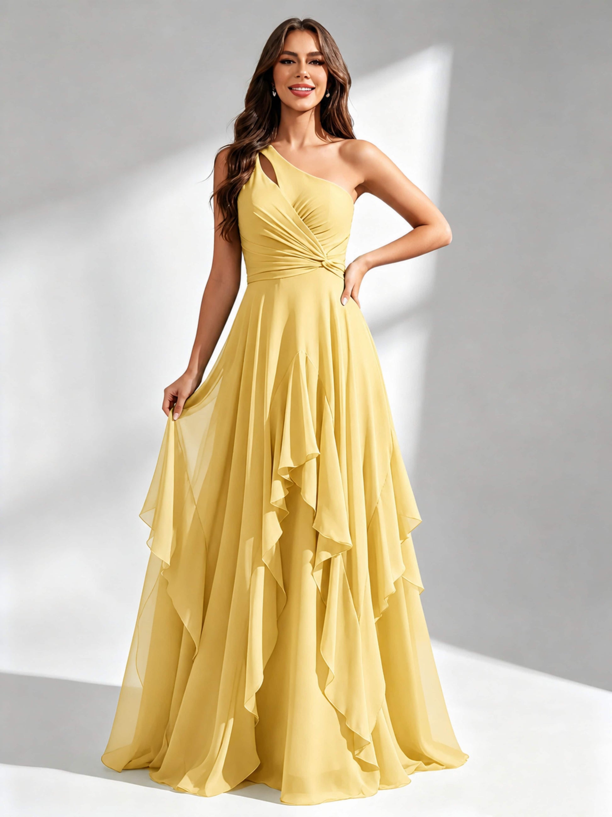 One Shoulder Ruffle Bridesmaid Dresses Formal Evening Gown