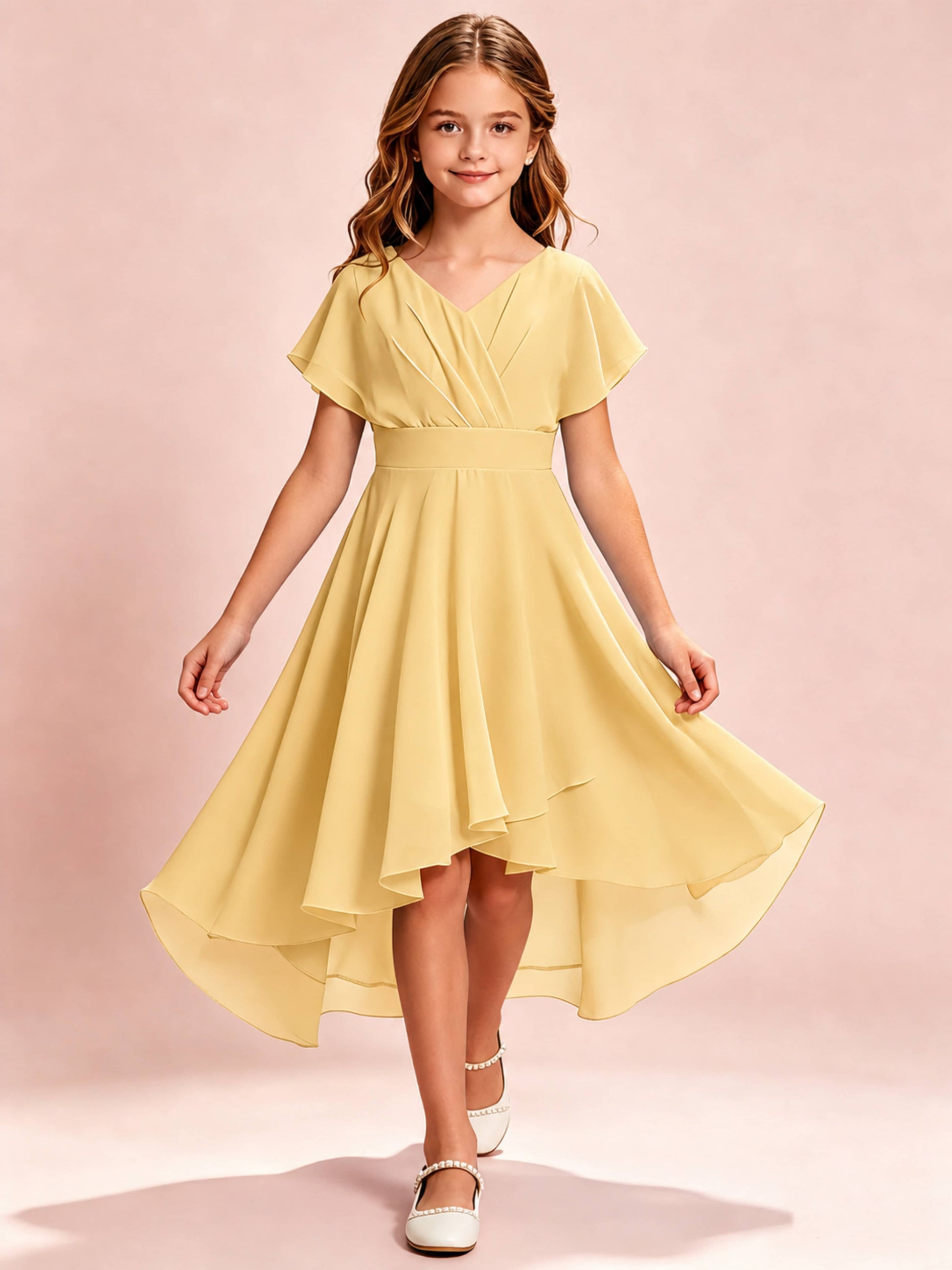 Chiffon High Low Cap Sleeve Junior Bridesmaid Dress for Wedding